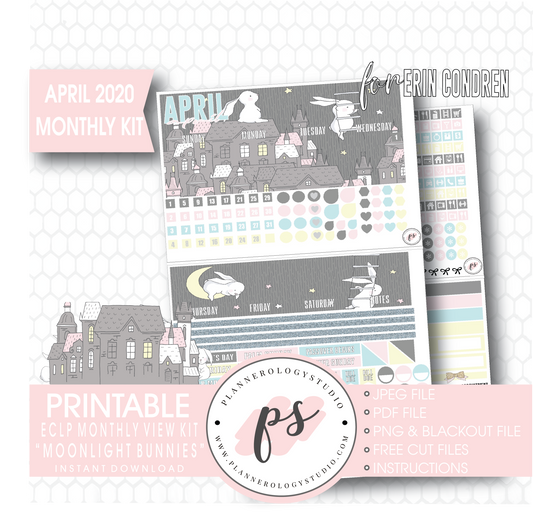 Moonlight Bunnies (Easter) April 2020 Easter Monthly View Kit Digital Printable Planner Stickers (for use with Erin Condren) - Plannerologystudio
