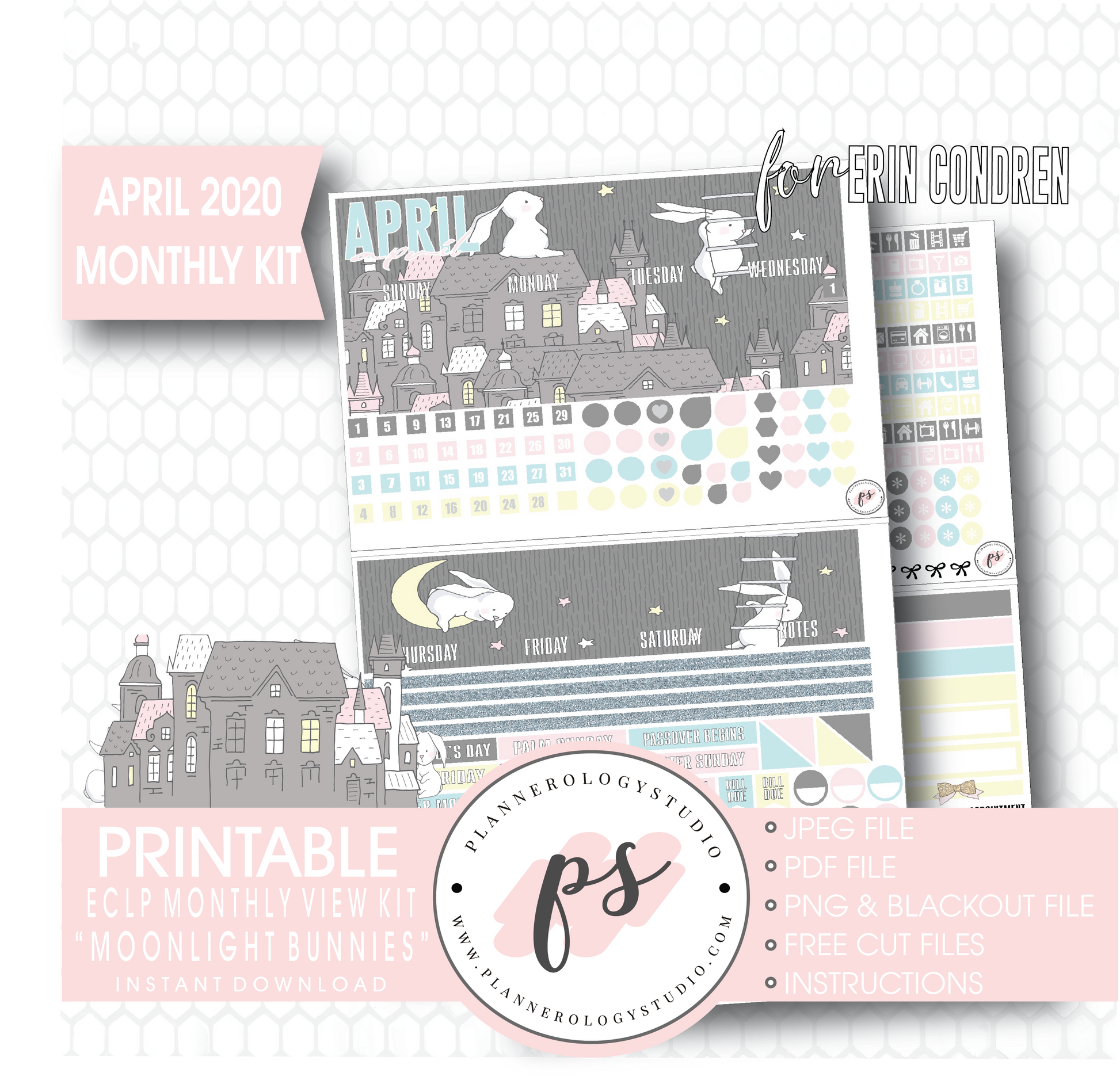 Moonlight Bunnies (Easter) April 2020 Easter Monthly View Kit Digital Printable Planner Stickers (for use with Erin Condren) - Plannerologystudio