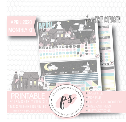 Moonlight Bunnies (Easter) April 2020 Easter Monthly View Kit Digital Printable Planner Stickers (for use with Erin Condren) - Plannerologystudio