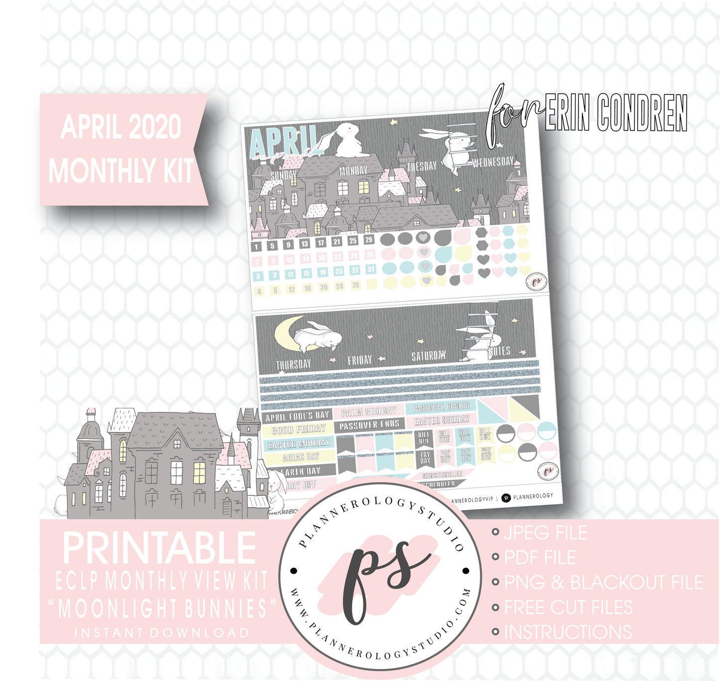 Moonlight Bunnies (Easter) April 2020 Easter Monthly View Kit Digital Printable Planner Stickers (for use with Erin Condren) - Plannerologystudio