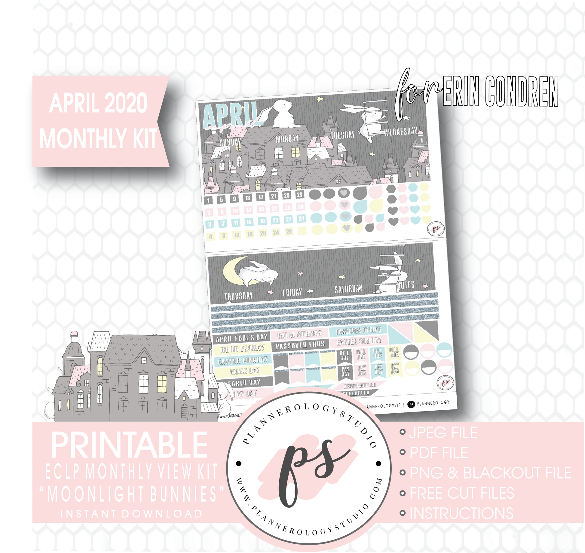 Moonlight Bunnies (Easter) April 2020 Easter Monthly View Kit Digital Printable Planner Stickers (for use with Erin Condren) - Plannerologystudio