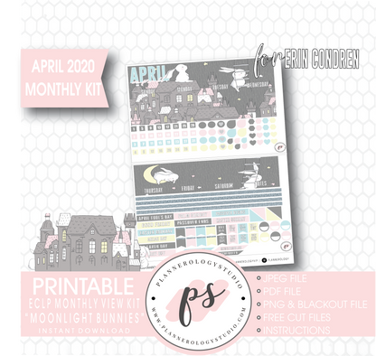 Moonlight Bunnies (Easter) April 2020 Easter Monthly View Kit Digital Printable Planner Stickers (for use with Erin Condren) - Plannerologystudio