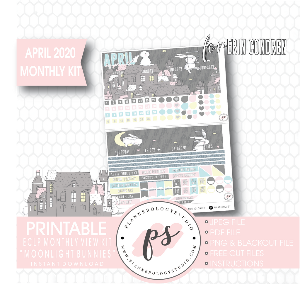 Moonlight Bunnies (Easter) April 2020 Easter Monthly View Kit Digital Printable Planner Stickers (for use with Erin Condren) - Plannerologystudio