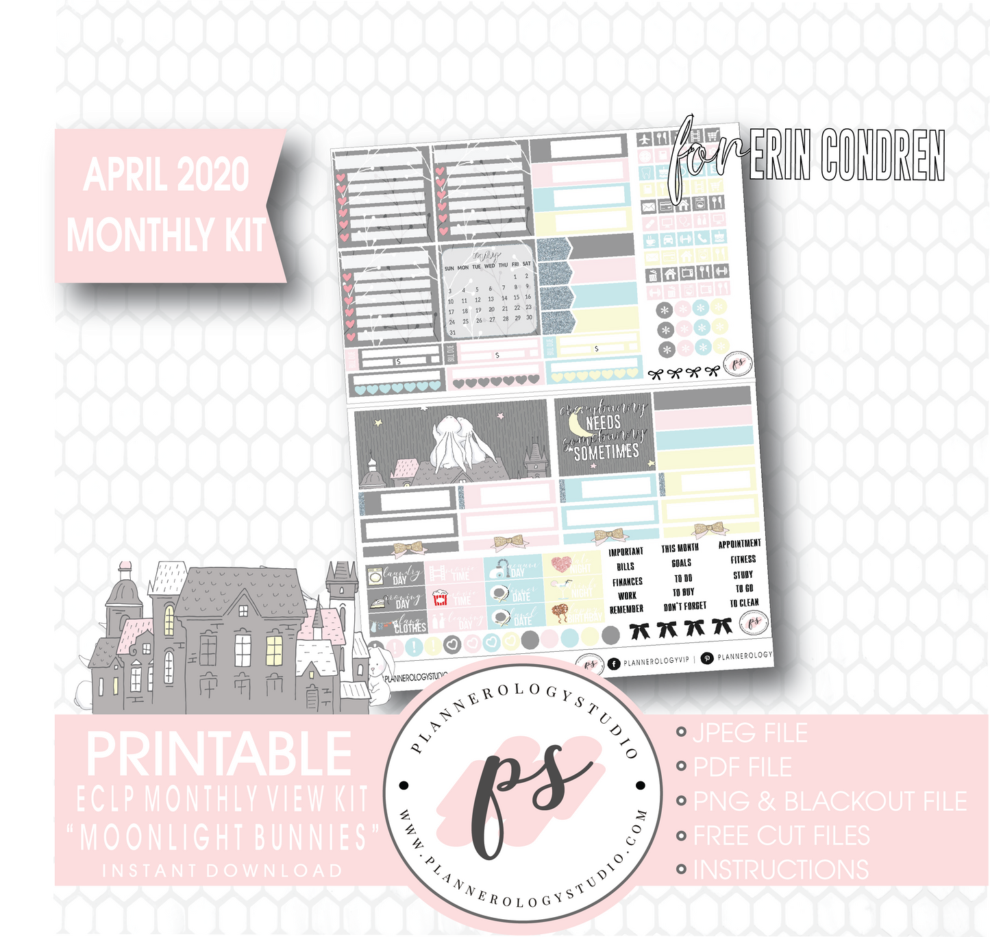 Moonlight Bunnies (Easter) April 2020 Easter Monthly View Kit Digital Printable Planner Stickers (for use with Erin Condren) - Plannerologystudio