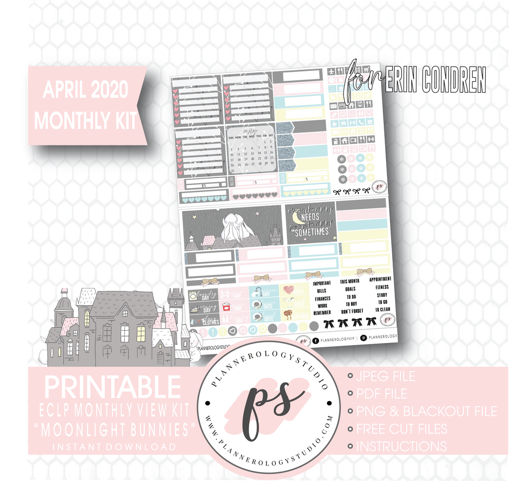 Moonlight Bunnies (Easter) April 2020 Easter Monthly View Kit Digital Printable Planner Stickers (for use with Erin Condren) - Plannerologystudio