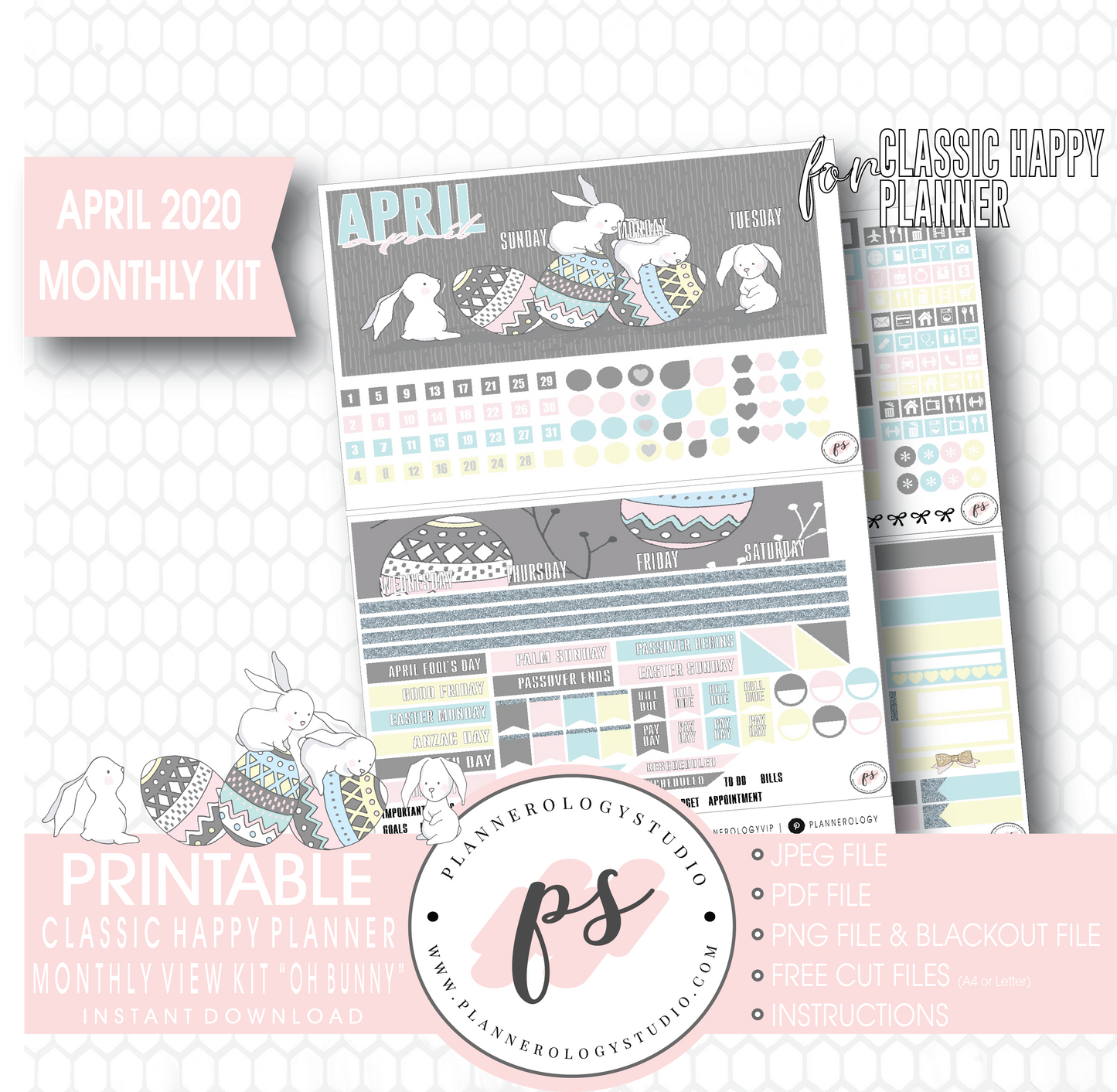 Oh Bunny April 2020 (Easter) Monthly View Kit Digital Printable Planner Stickers (for use with Classic Happy Planner) - Plannerologystudio
