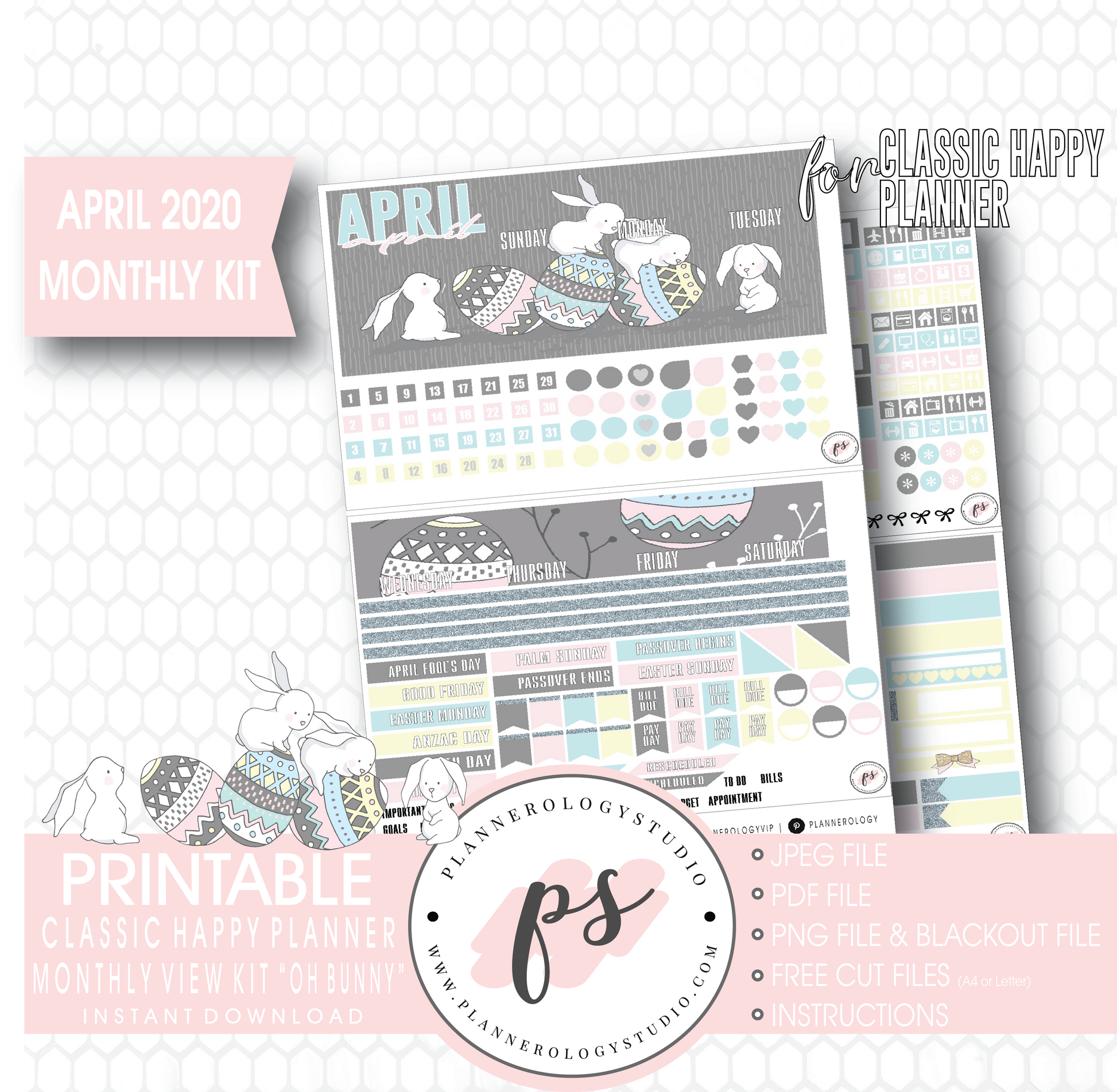 Oh Bunny April 2020 (Easter) Monthly View Kit Digital Printable Planner Stickers (for use with Classic Happy Planner) - Plannerologystudio