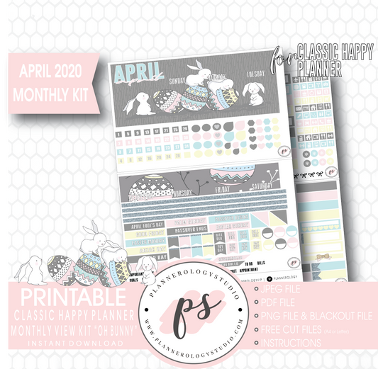 Oh Bunny April 2020 (Easter) Monthly View Kit Digital Printable Planner Stickers (for use with Classic Happy Planner) - Plannerologystudio