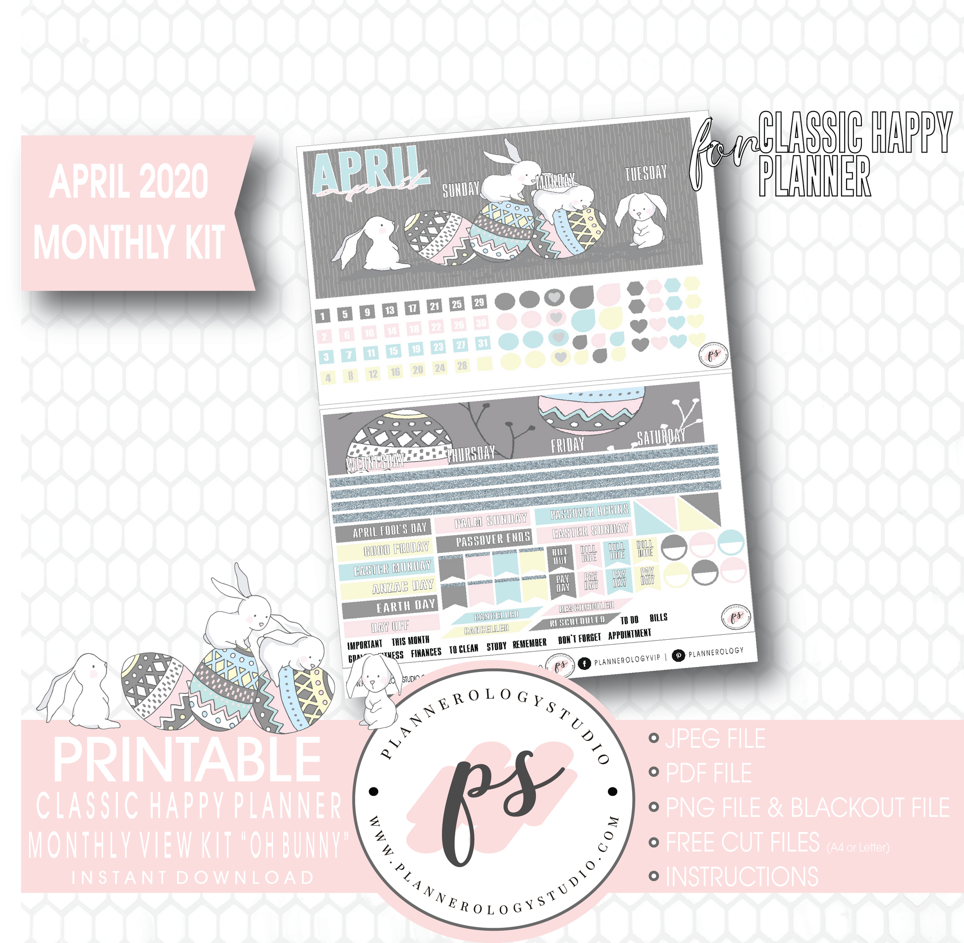 Oh Bunny April 2020 (Easter) Monthly View Kit Digital Printable Planner Stickers (for use with Classic Happy Planner) - Plannerologystudio