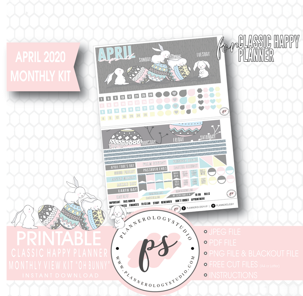 Oh Bunny April 2020 (Easter) Monthly View Kit Digital Printable Planner Stickers (for use with Classic Happy Planner) - Plannerologystudio
