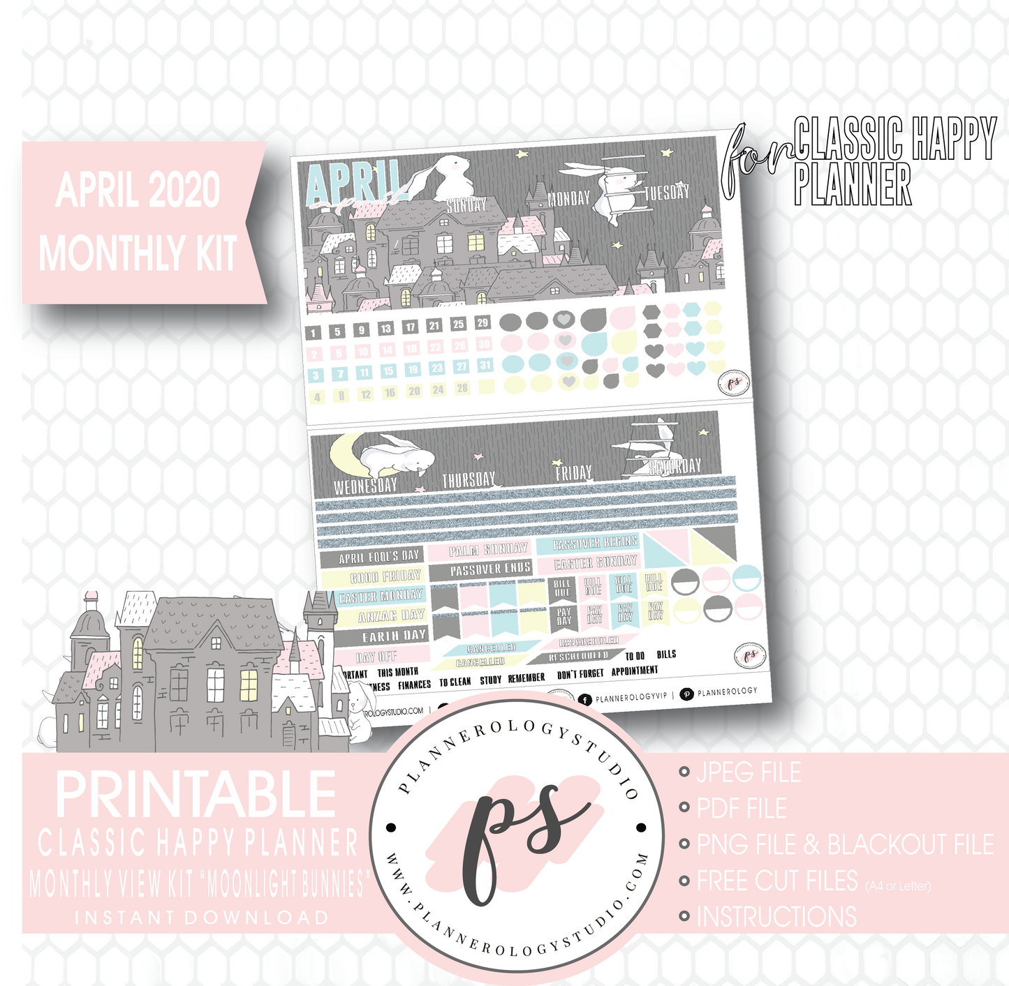 Moonlight Bunnies April 2020 (Easter) Monthly View Kit Digital Printable Planner Stickers (for use with Classic Happy Planner) - Plannerologystudio