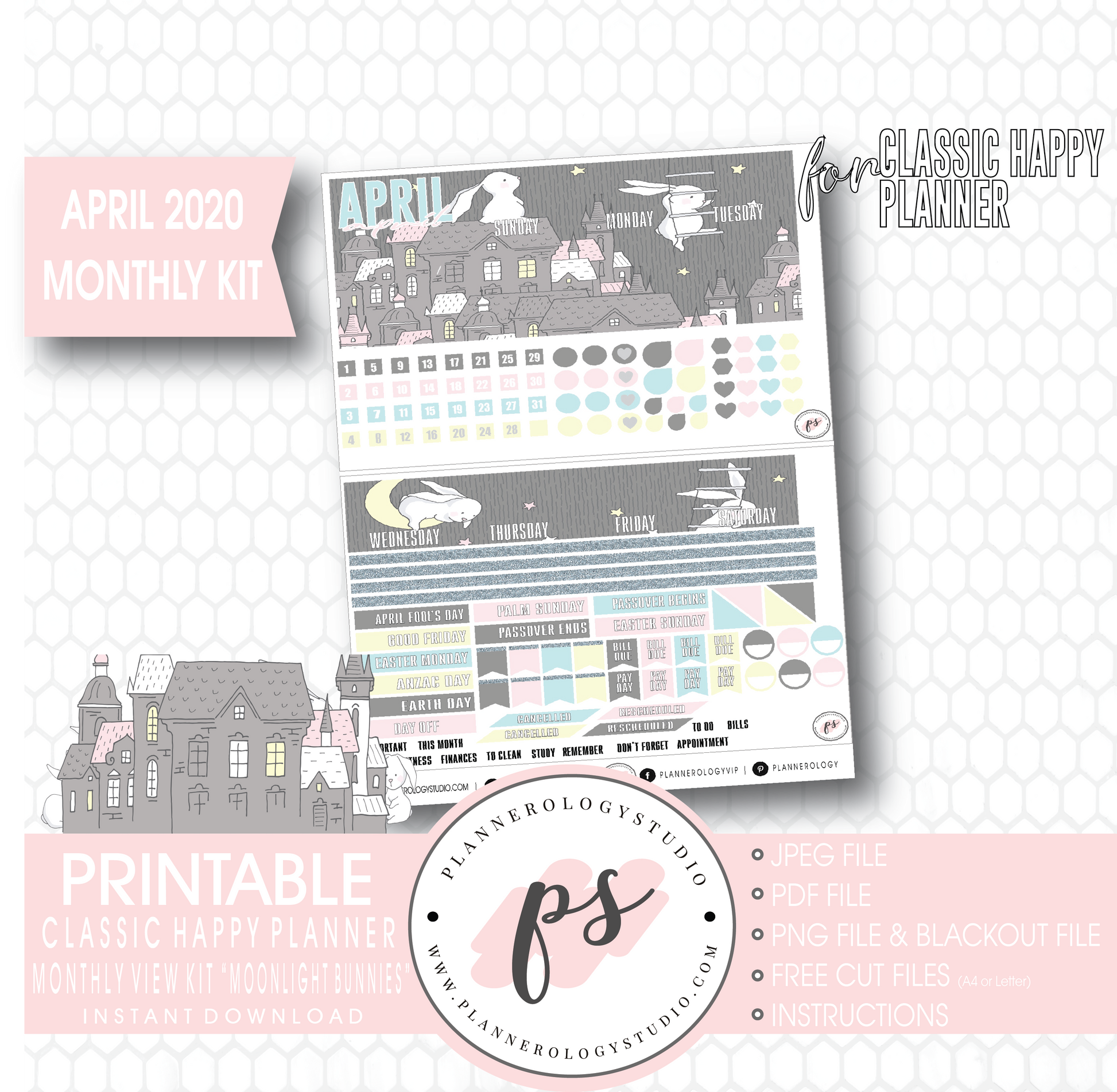 Moonlight Bunnies April 2020 (Easter) Monthly View Kit Digital Printable Planner Stickers (for use with Classic Happy Planner) - Plannerologystudio