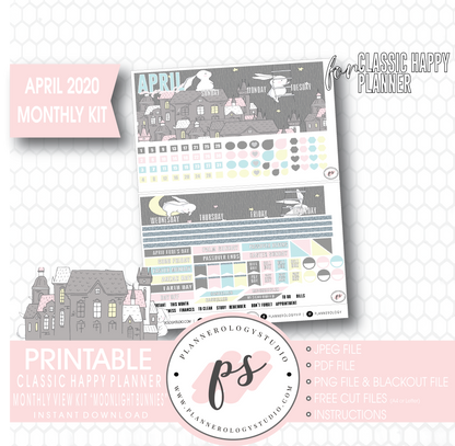 Moonlight Bunnies April 2020 (Easter) Monthly View Kit Digital Printable Planner Stickers (for use with Classic Happy Planner) - Plannerologystudio