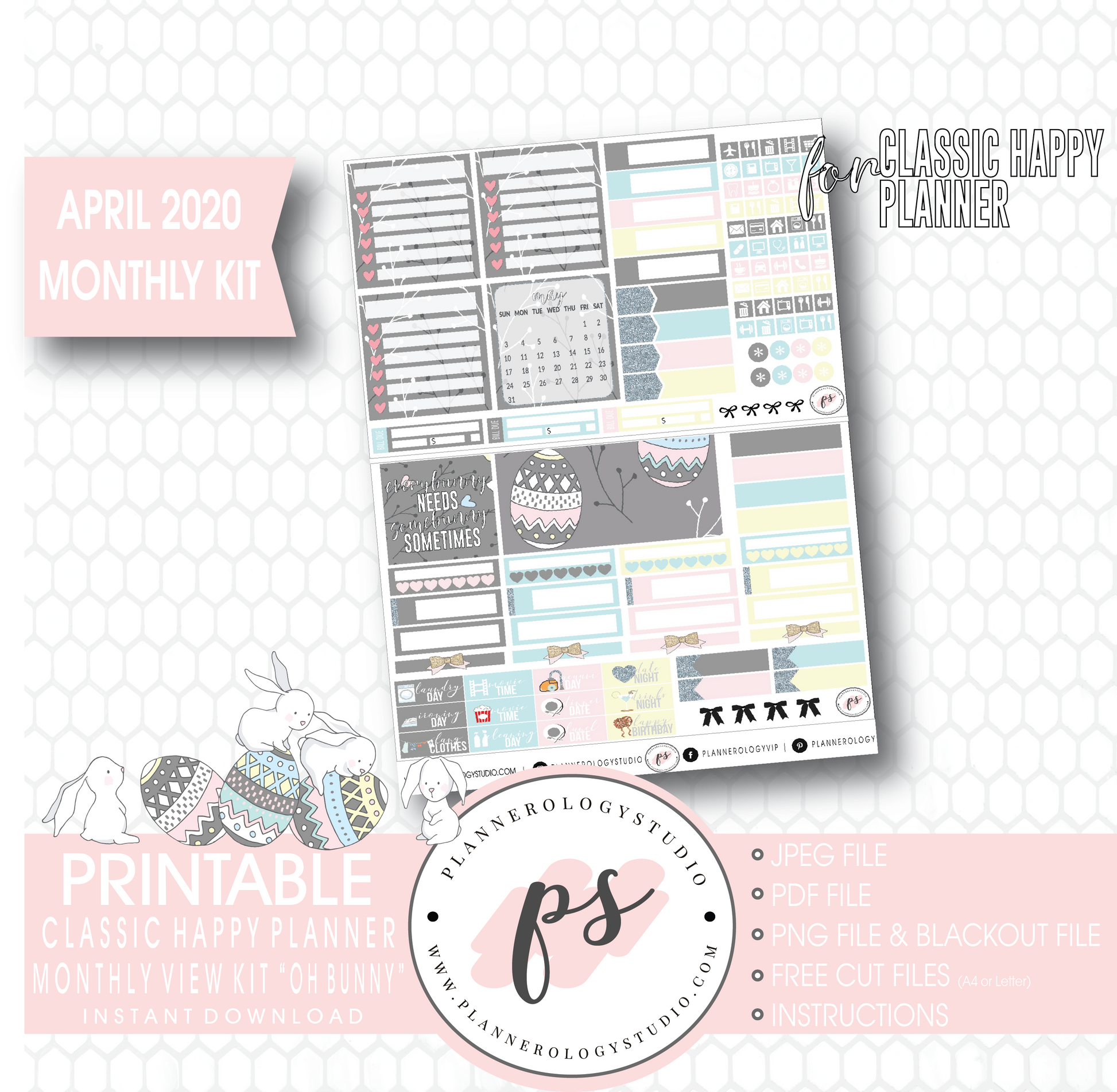 Oh Bunny April 2020 (Easter) Monthly View Kit Digital Printable Planner Stickers (for use with Classic Happy Planner) - Plannerologystudio
