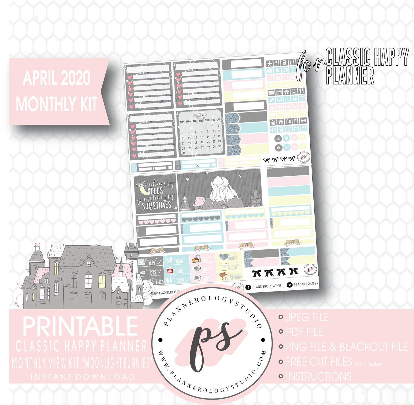 Moonlight Bunnies April 2020 (Easter) Monthly View Kit Digital Printable Planner Stickers (for use with Classic Happy Planner) - Plannerologystudio