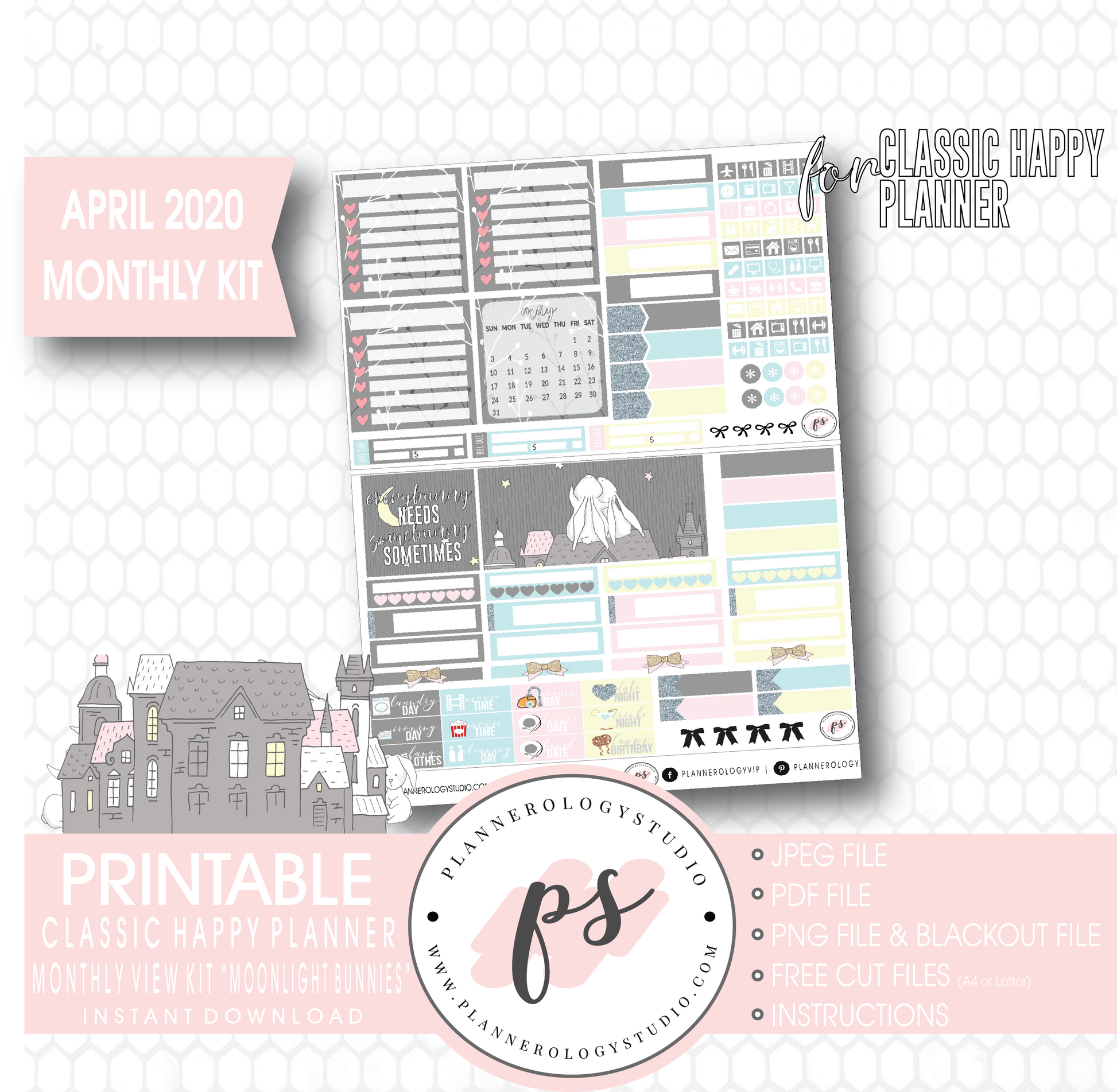 Moonlight Bunnies April 2020 (Easter) Monthly View Kit Digital Printable Planner Stickers (for use with Classic Happy Planner) - Plannerologystudio