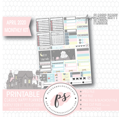 Moonlight Bunnies April 2020 (Easter) Monthly View Kit Digital Printable Planner Stickers (for use with Classic Happy Planner) - Plannerologystudio
