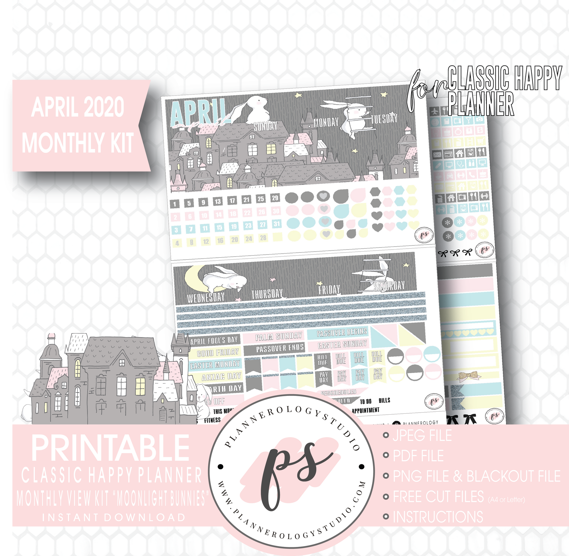 Moonlight Bunnies April 2020 (Easter) Monthly View Kit Digital Printable Planner Stickers (for use with Classic Happy Planner) - Plannerologystudio