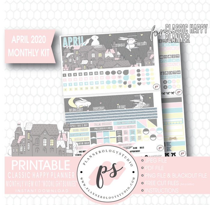 Moonlight Bunnies April 2020 (Easter) Monthly View Kit Digital Printable Planner Stickers (for use with Classic Happy Planner) - Plannerologystudio