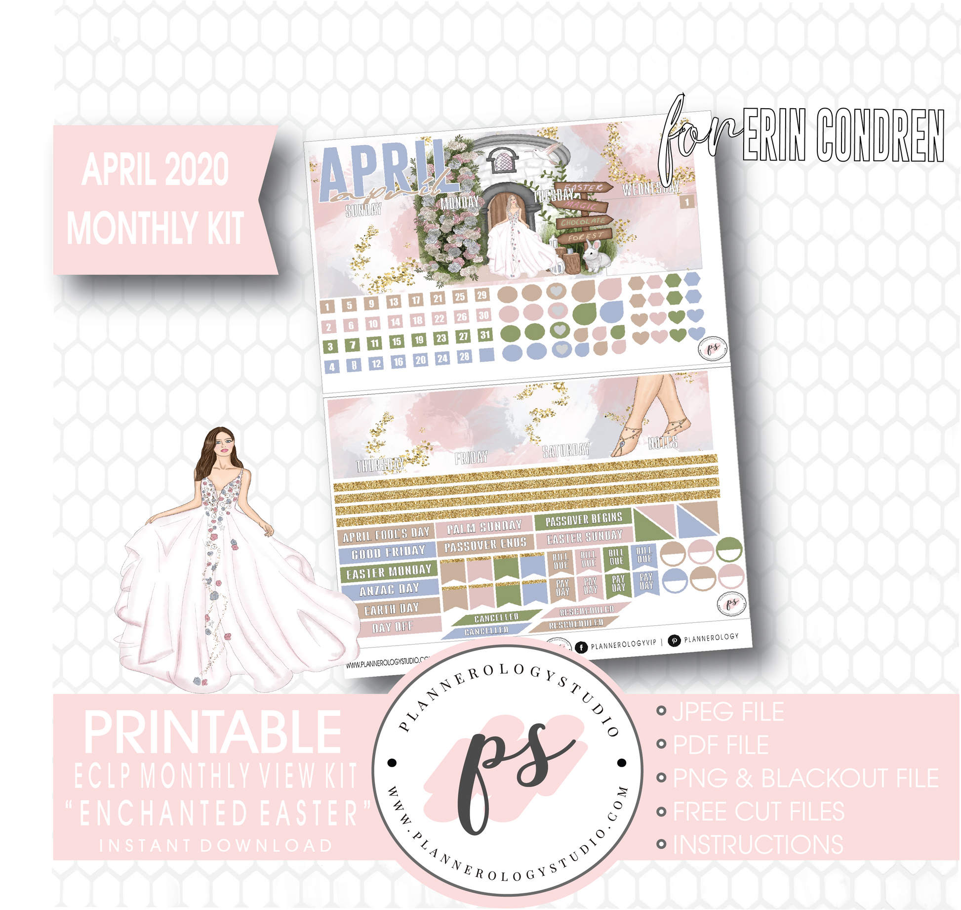Enchanted Easter April 2020 (Easter) Monthly View Kit Digital Printable Planner Stickers (for use with Erin Condren) - Plannerologystudio