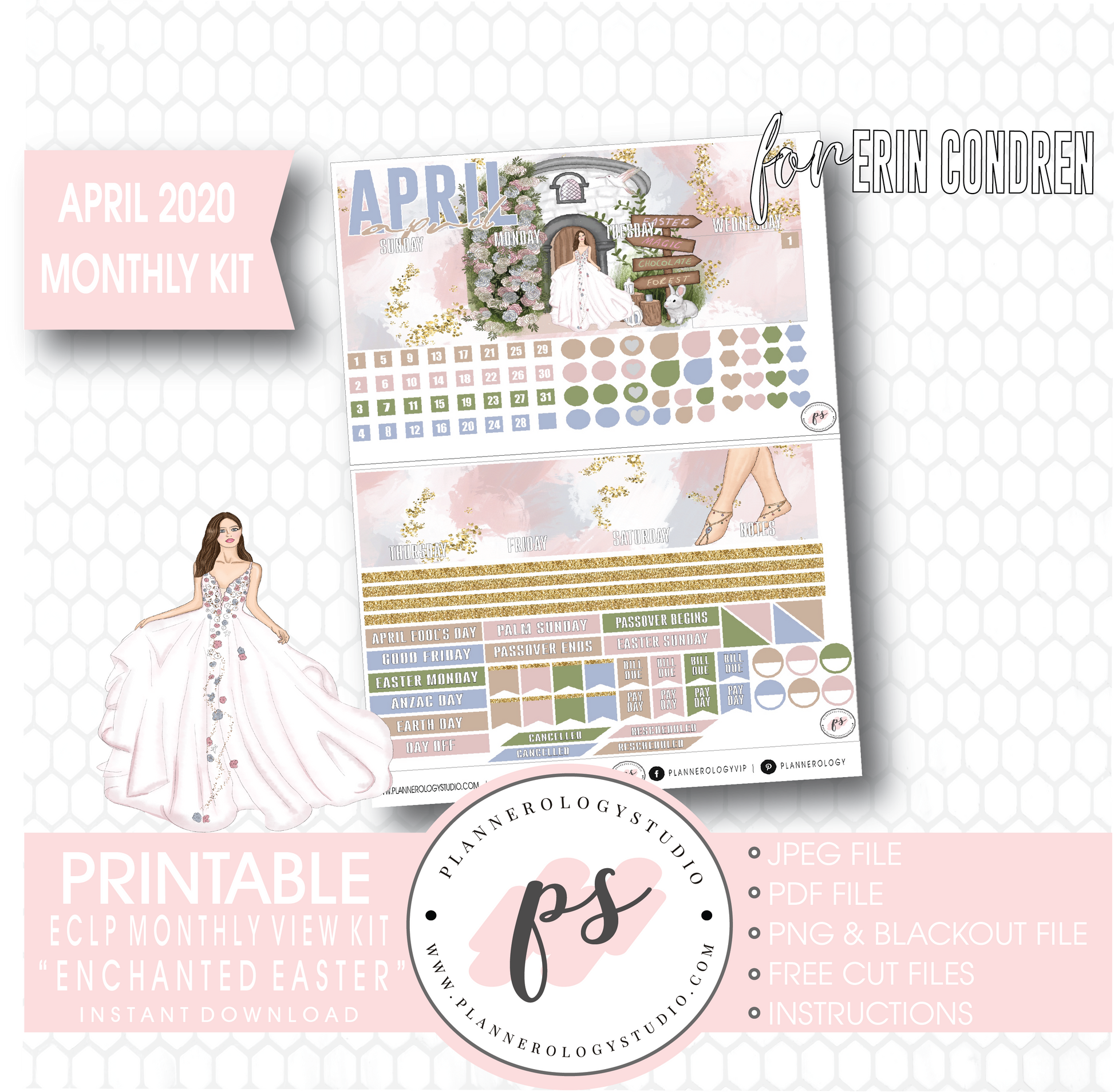 Enchanted Easter April 2020 (Easter) Monthly View Kit Digital Printable Planner Stickers (for use with Erin Condren) - Plannerologystudio