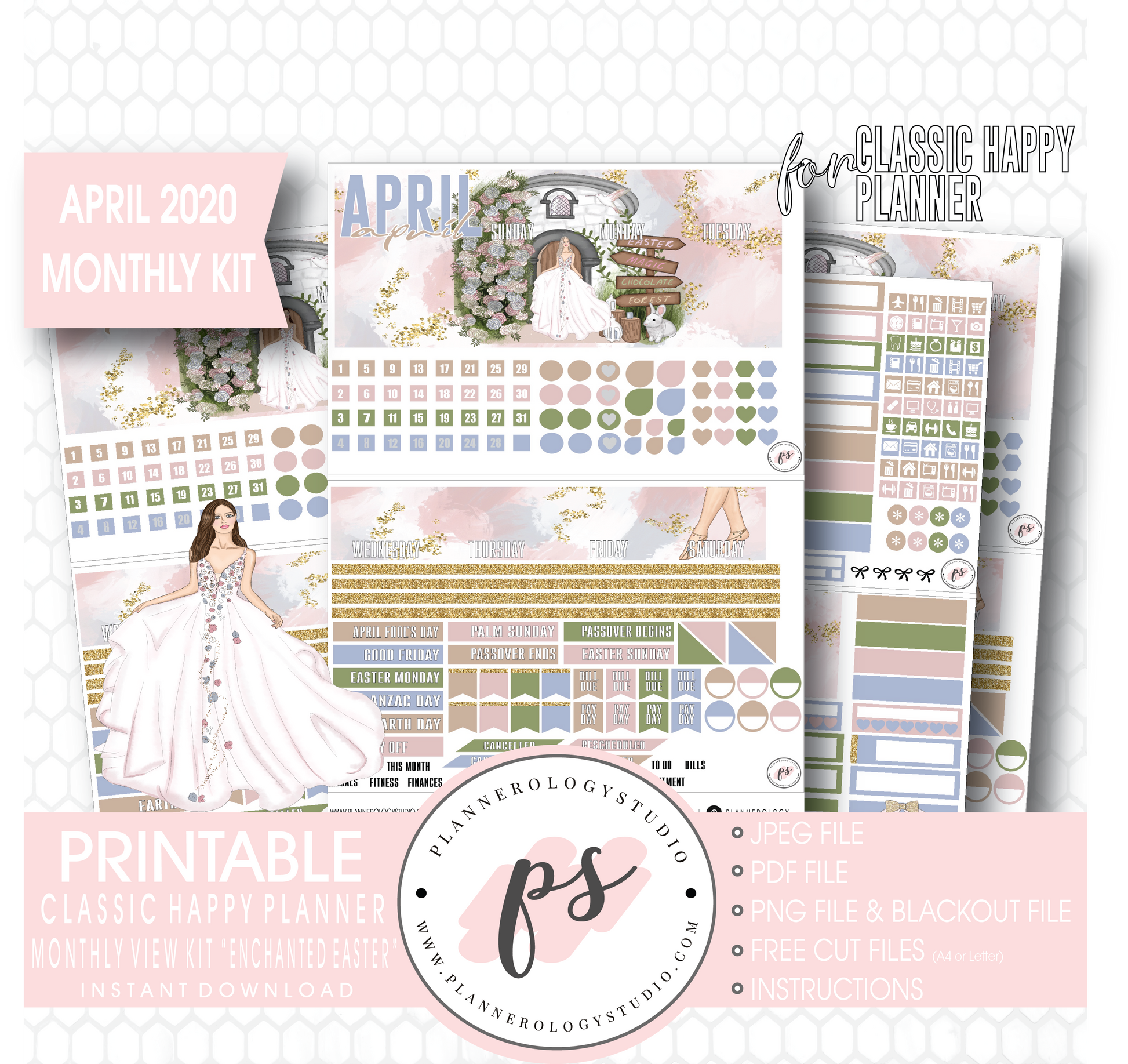 Enchanted Easter April 2020 (Easter) Monthly View Kit Digital Printable Planner Stickers (for use with Classic Happy Planner) - Plannerologystudio