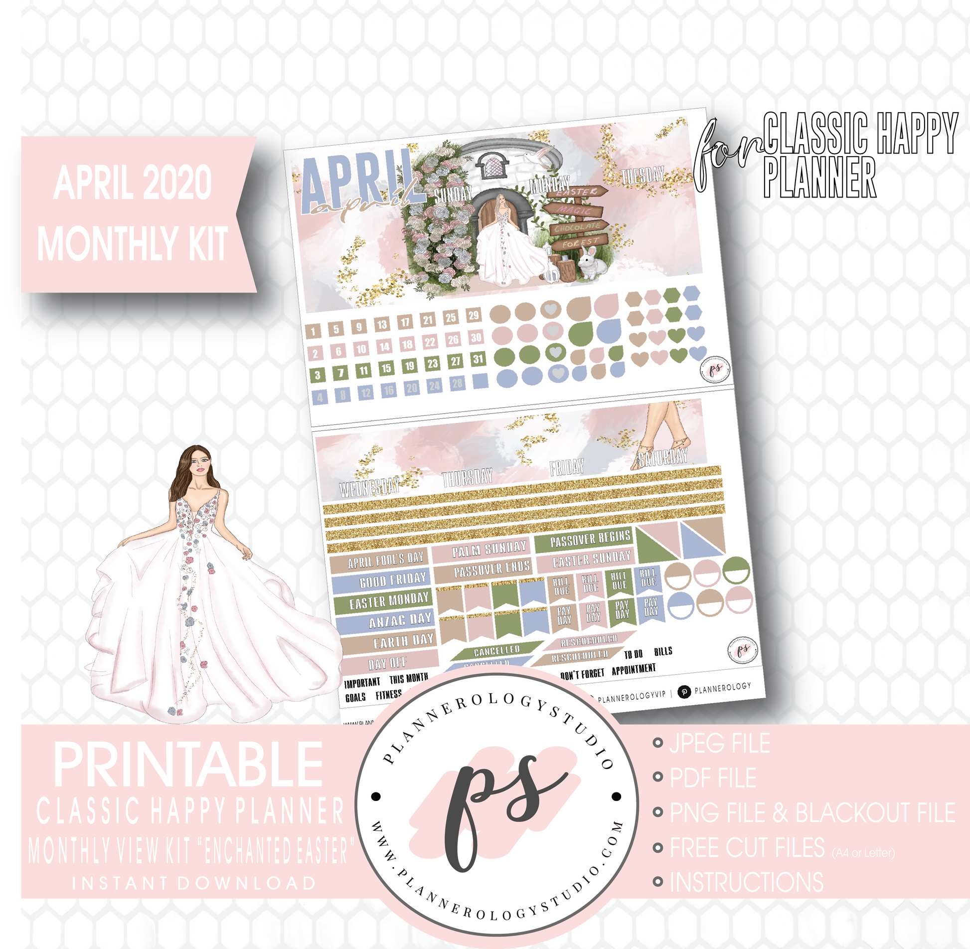 Enchanted Easter April 2020 (Easter) Monthly View Kit Digital Printable Planner Stickers (for use with Classic Happy Planner) - Plannerologystudio
