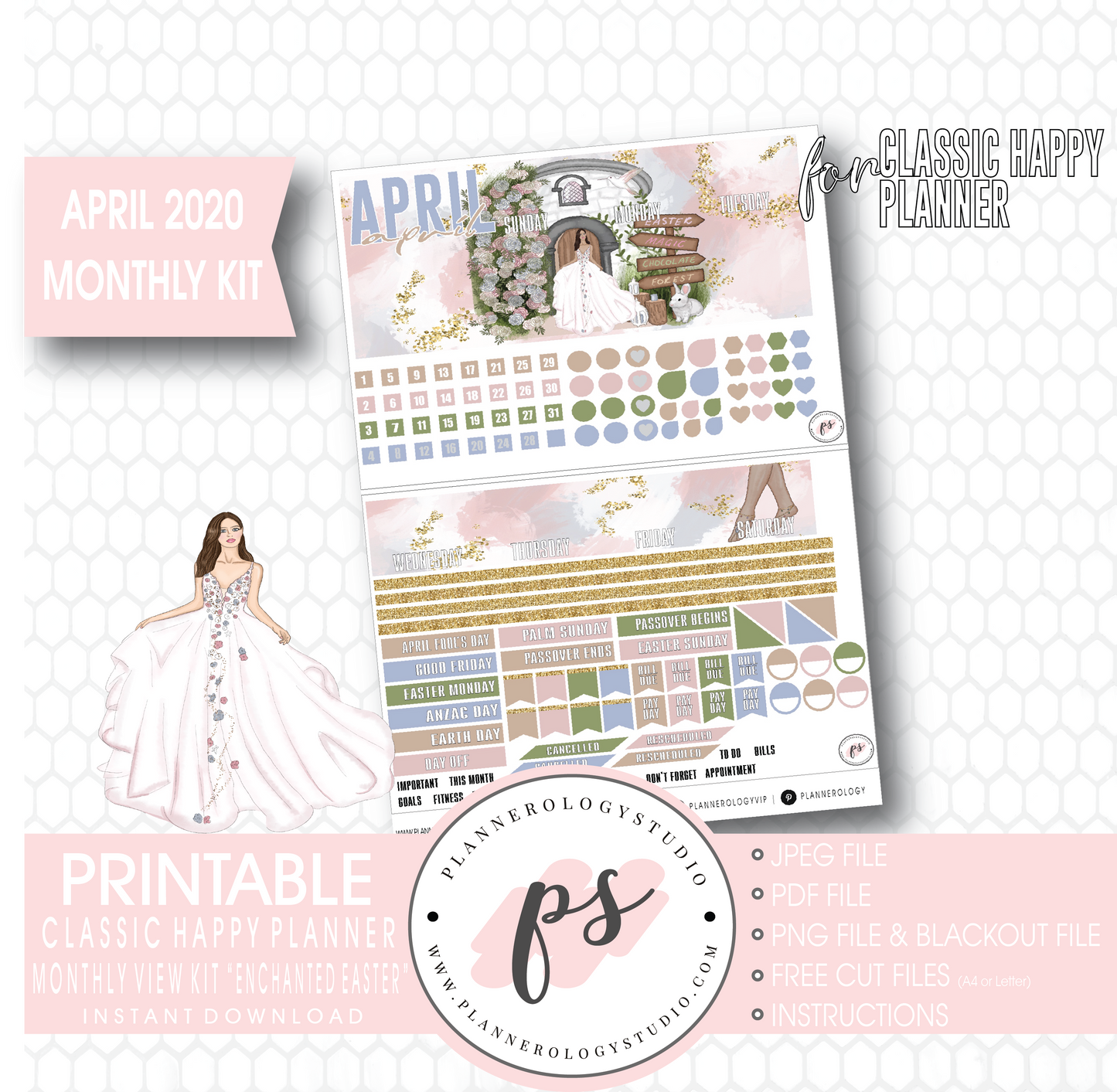 Enchanted Easter April 2020 (Easter) Monthly View Kit Digital Printable Planner Stickers (for use with Classic Happy Planner) - Plannerologystudio