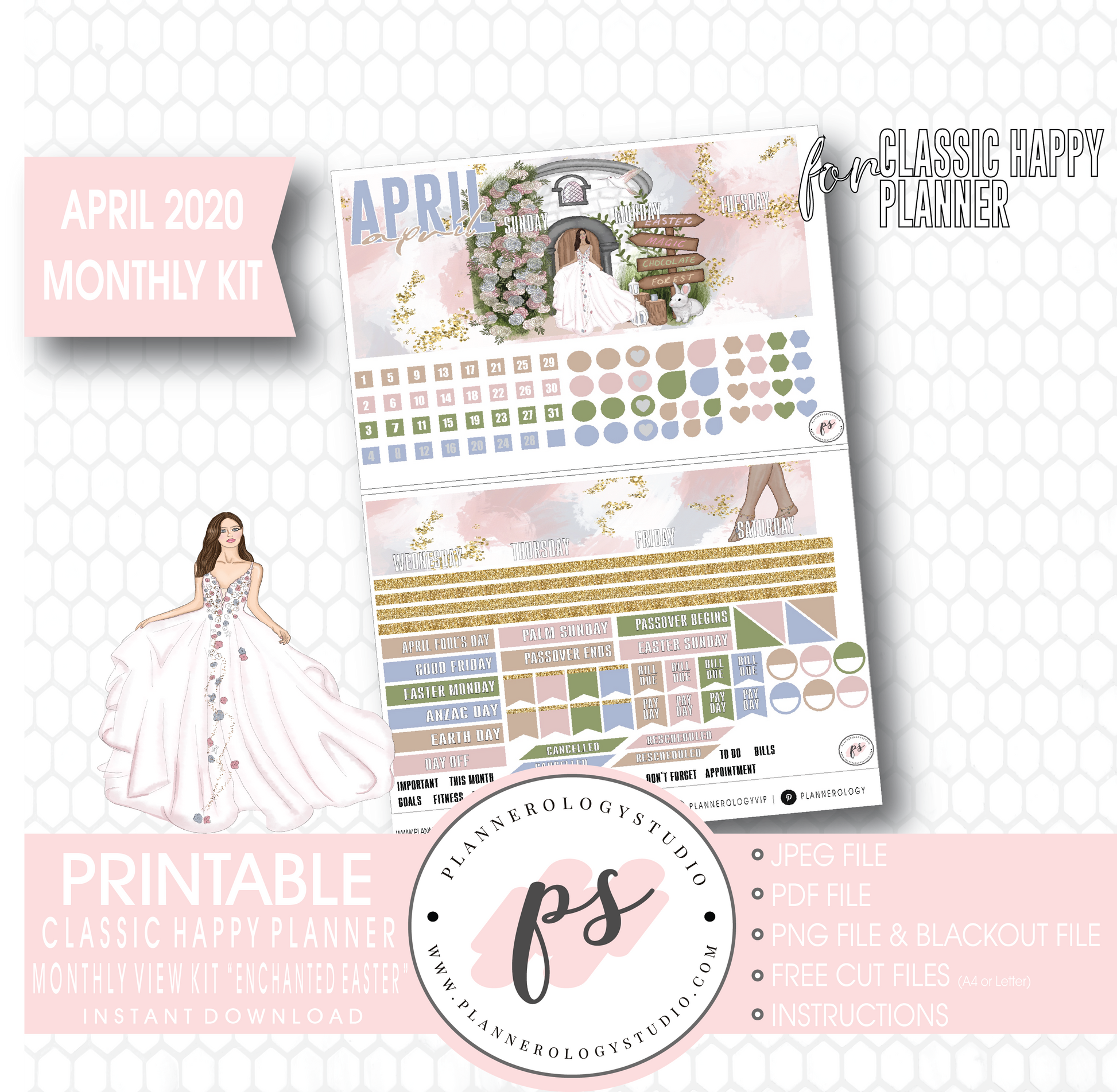 Enchanted Easter April 2020 (Easter) Monthly View Kit Digital Printable Planner Stickers (for use with Classic Happy Planner) - Plannerologystudio