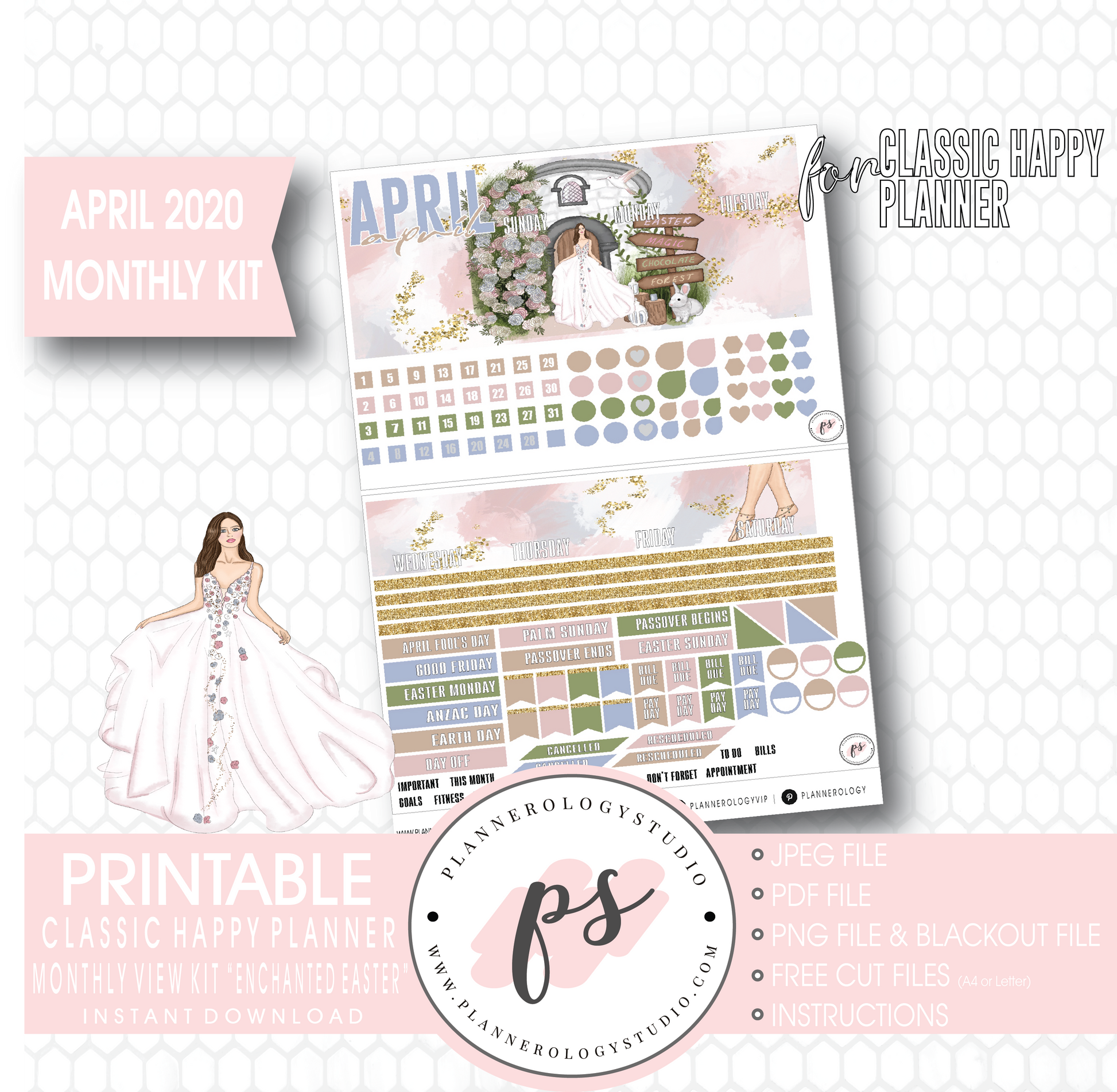 Enchanted Easter April 2020 (Easter) Monthly View Kit Digital Printable Planner Stickers (for use with Classic Happy Planner) - Plannerologystudio