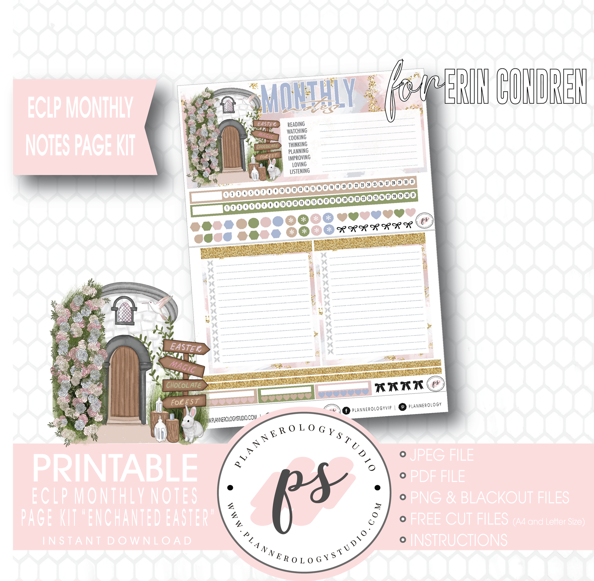 Enchanted Easter Monthly Notes Page Kit Digital Printable Planner Stickers (for use with ECLP) - Plannerologystudio