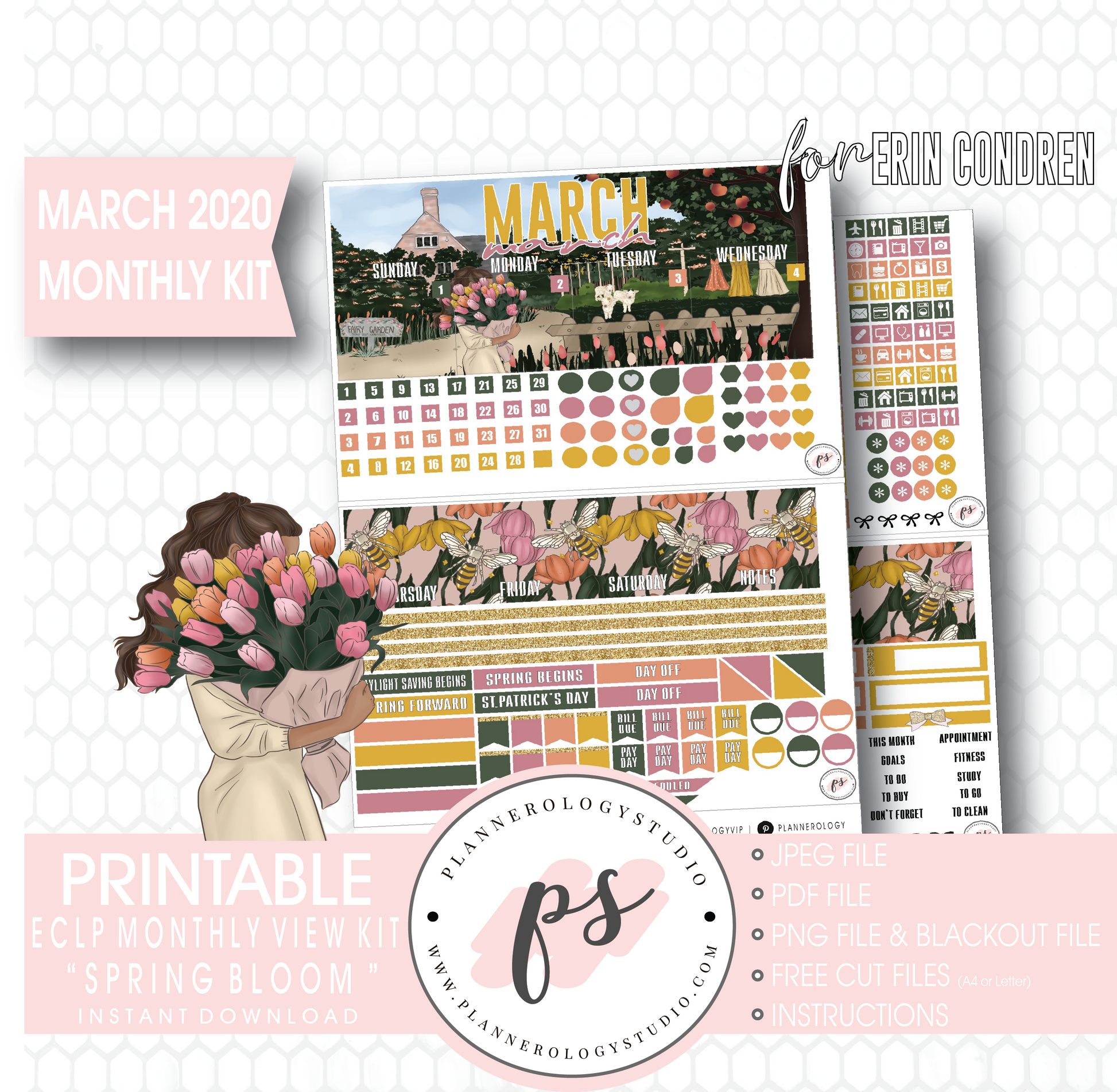 Spring Bloom March 2020 Monthly View Kit Digital Printable Planner Stickers (for use with Erin Condren) - Plannerologystudio