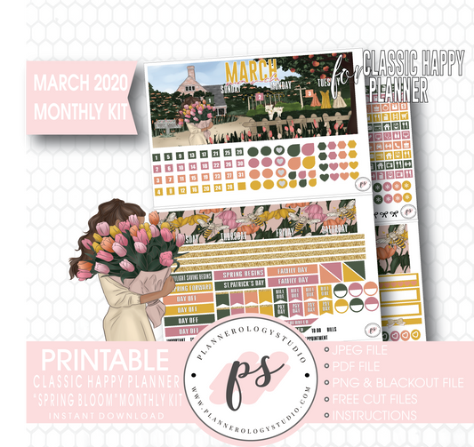 Spring Bloom March 2020 Monthly View Kit Digital Printable Planner Stickers (for use with Classic Happy Planner) - Plannerologystudio