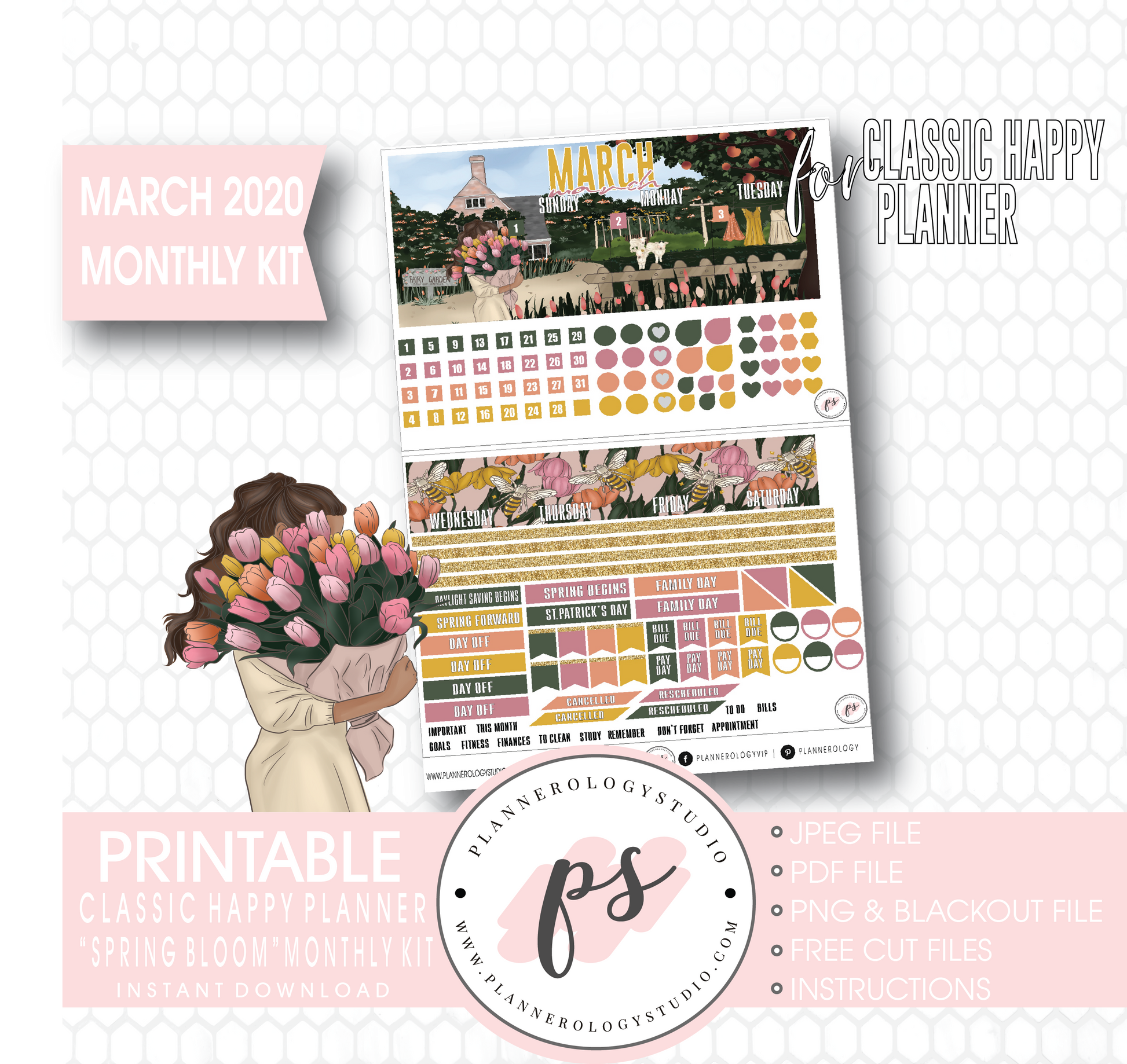Spring Bloom March 2020 Monthly View Kit Digital Printable Planner Stickers (for use with Classic Happy Planner) - Plannerologystudio