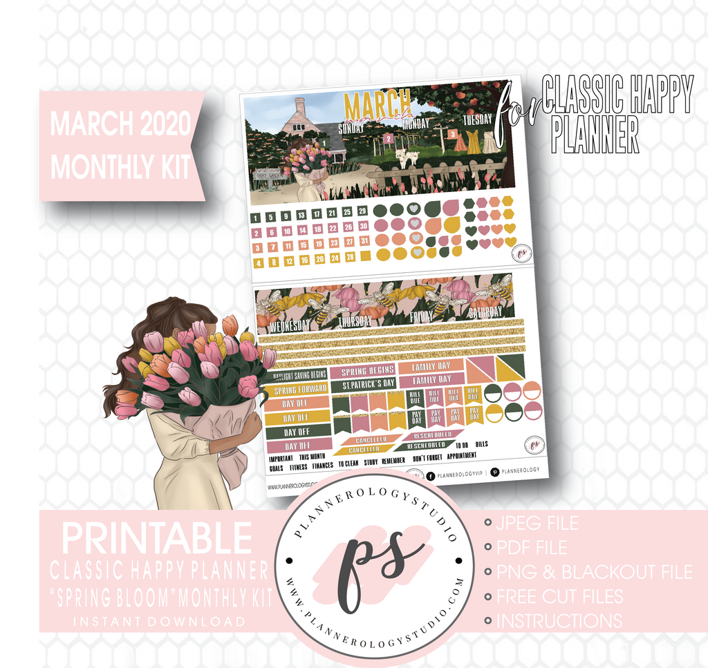 Spring Bloom March 2020 Monthly View Kit Digital Printable Planner Stickers (for use with Classic Happy Planner) - Plannerologystudio