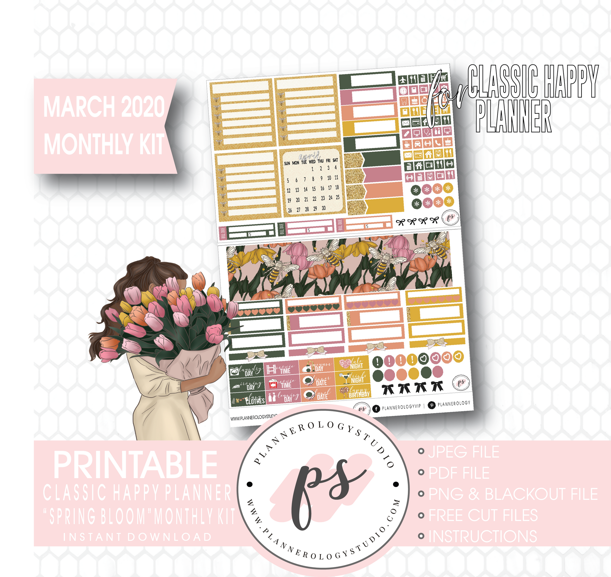Spring Bloom March 2020 Monthly View Kit Digital Printable Planner Stickers (for use with Classic Happy Planner) - Plannerologystudio