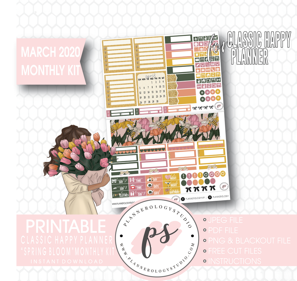 Spring Bloom March 2020 Monthly View Kit Digital Printable Planner Stickers (for use with Classic Happy Planner) - Plannerologystudio