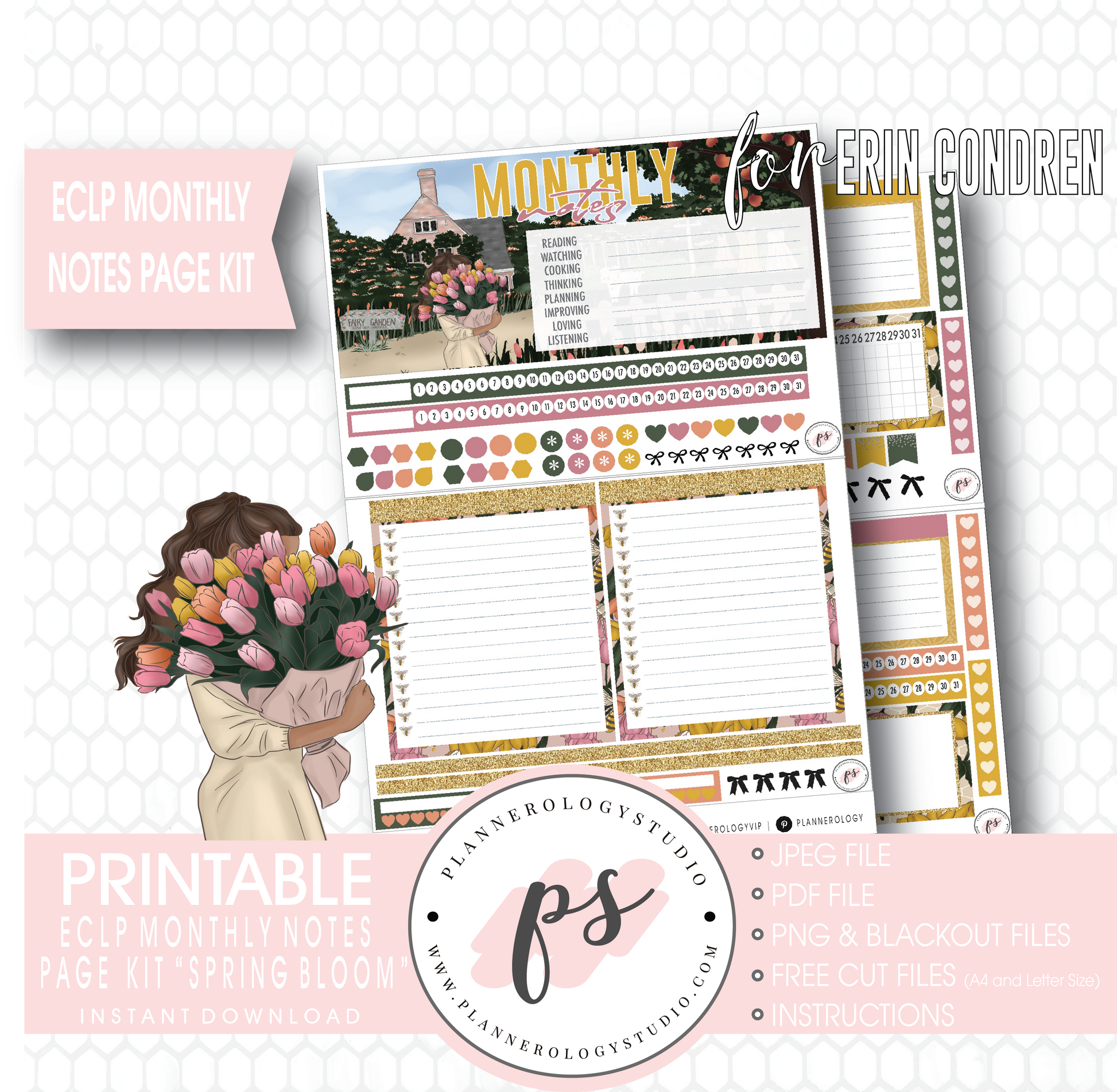 Spring Bloom Monthly Notes Page Kit Digital Printable Planner Stickers (for use with ECLP) - Plannerologystudio