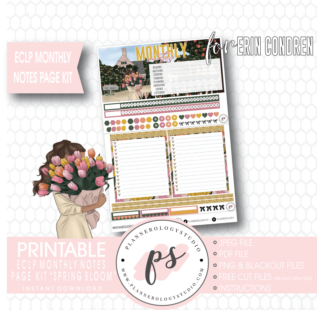 Spring Bloom Monthly Notes Page Kit Digital Printable Planner Stickers (for use with ECLP) - Plannerologystudio