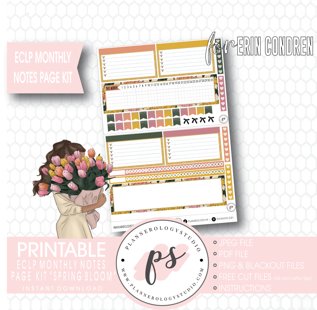 Spring Bloom Monthly Notes Page Kit Digital Printable Planner Stickers (for use with ECLP) - Plannerologystudio