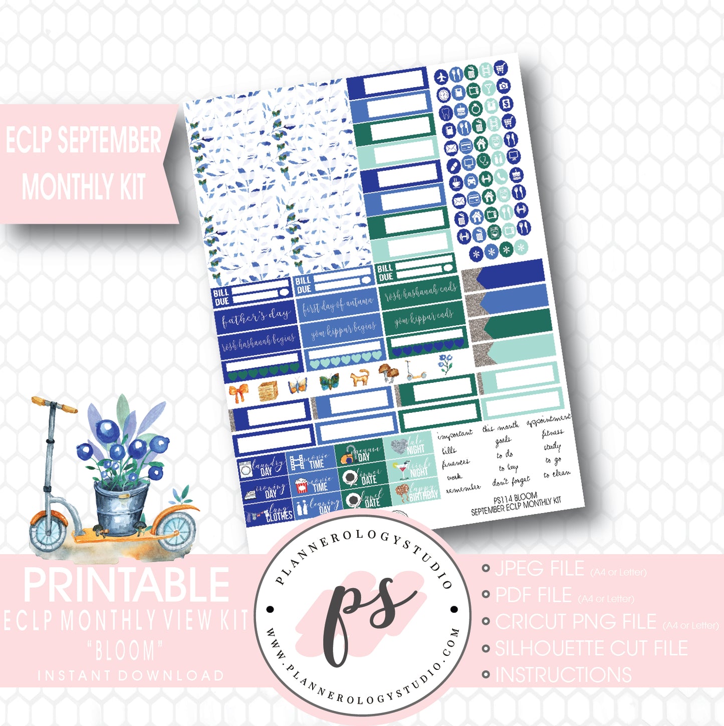 "Bloom" September 2017 Monthly View Kit Printable Planner Stickers (for use with ECLP) - Plannerologystudio