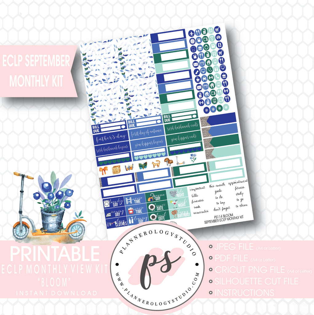 "Bloom" September 2017 Monthly View Kit Printable Planner Stickers (for use with ECLP) - Plannerologystudio