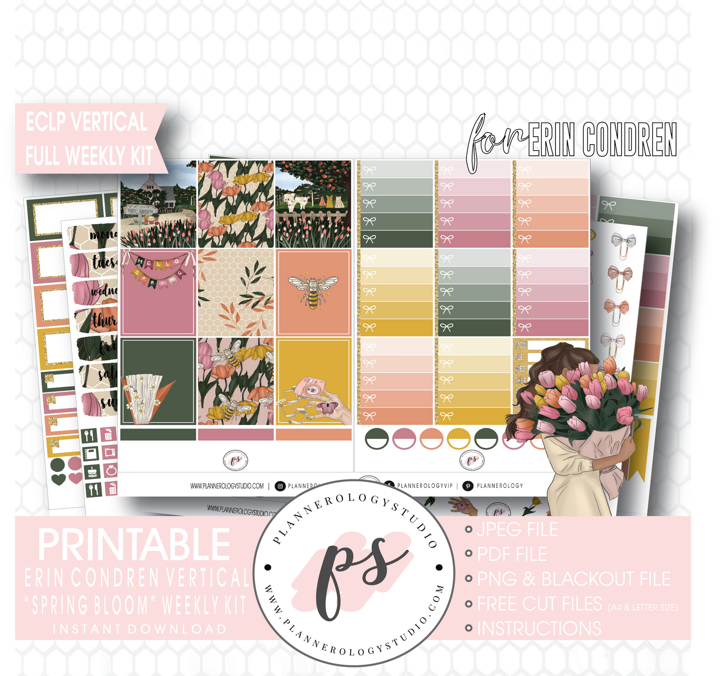 Spring Bloom Full Weekly Kit Printable Planner Digital Stickers (for use with Erin Condren Vertical) - Plannerologystudio