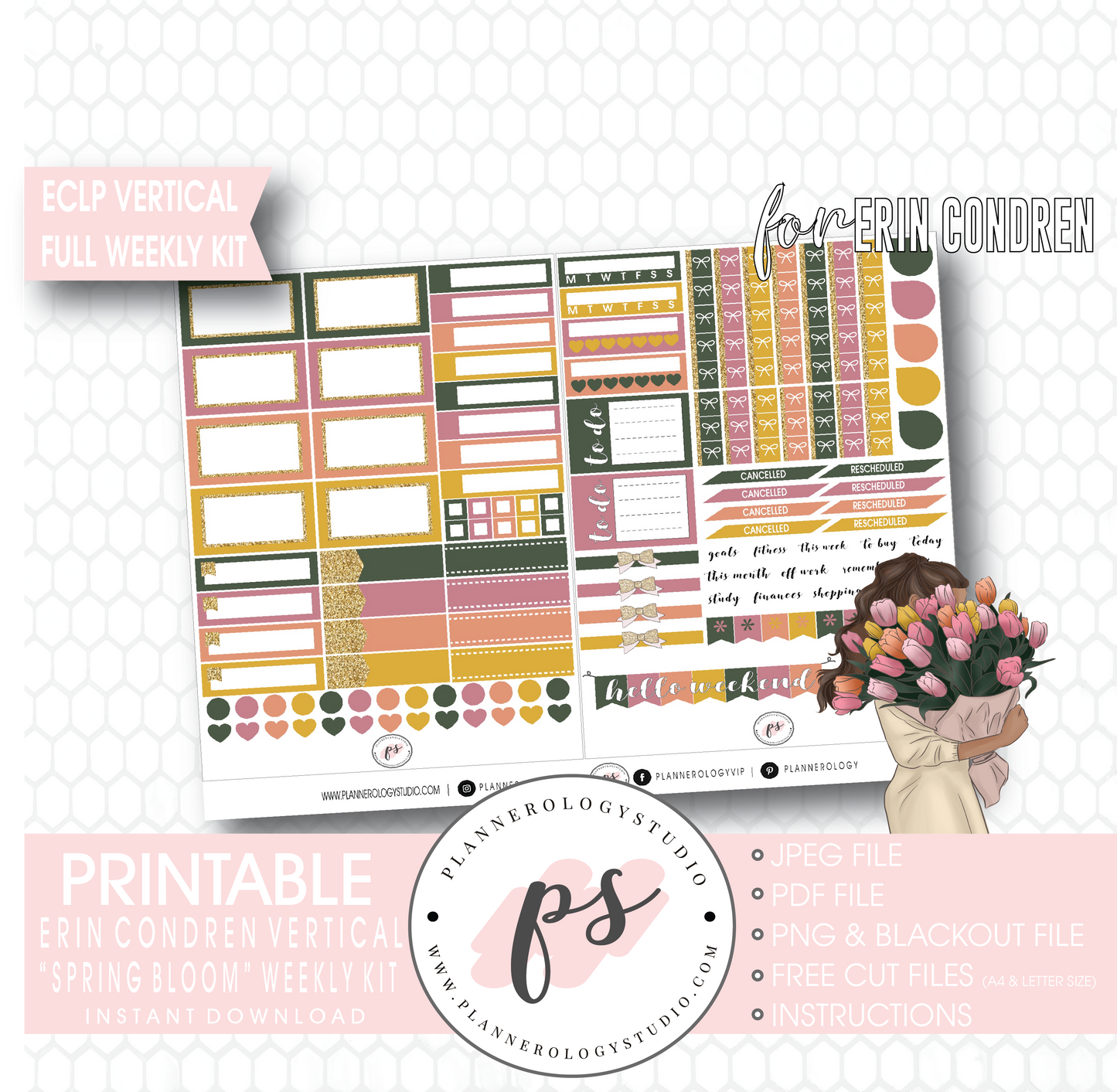 Spring Bloom Full Weekly Kit Printable Planner Digital Stickers (for use with Erin Condren Vertical) - Plannerologystudio