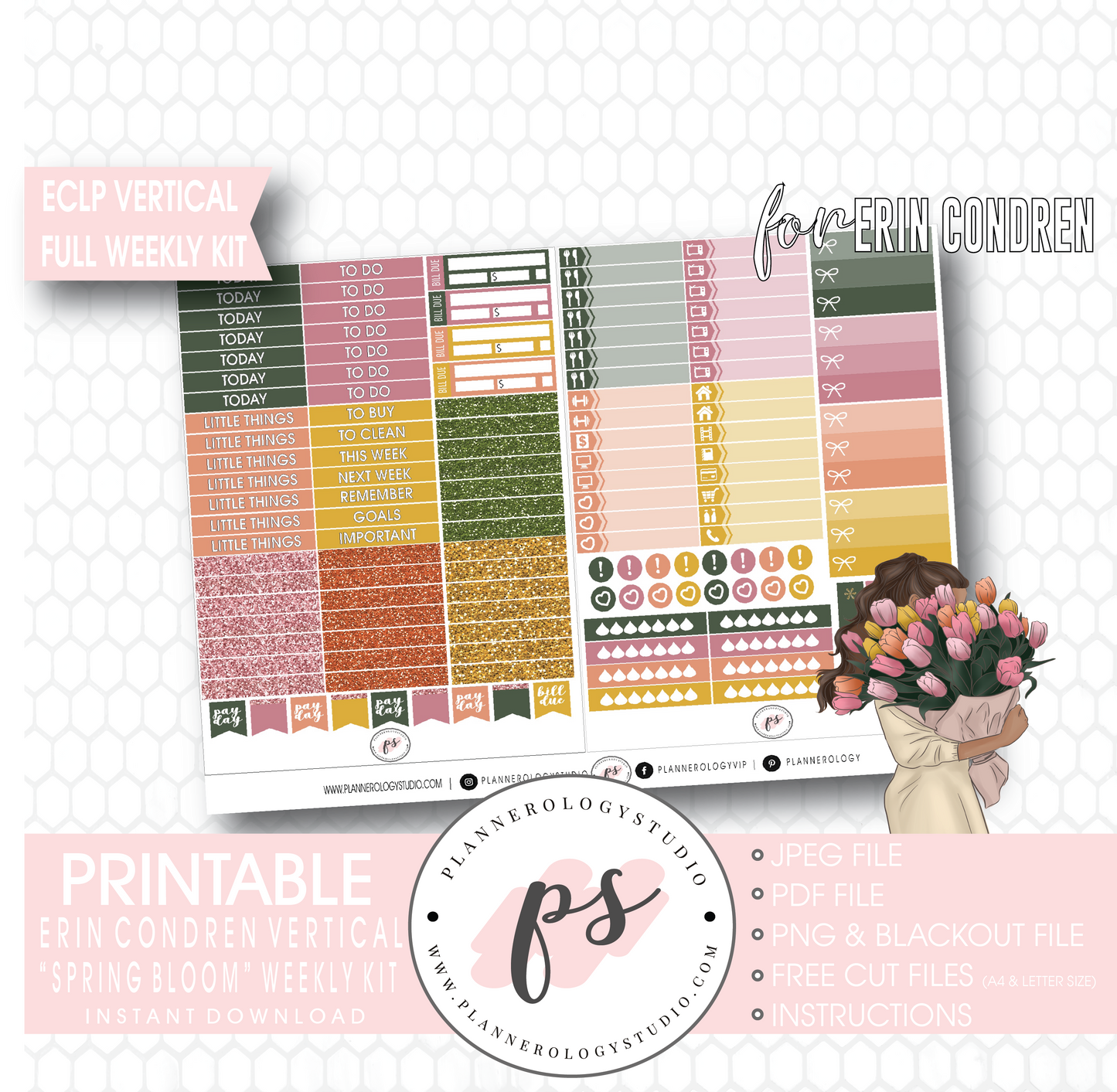 Spring Bloom Full Weekly Kit Printable Planner Digital Stickers (for use with Erin Condren Vertical) - Plannerologystudio