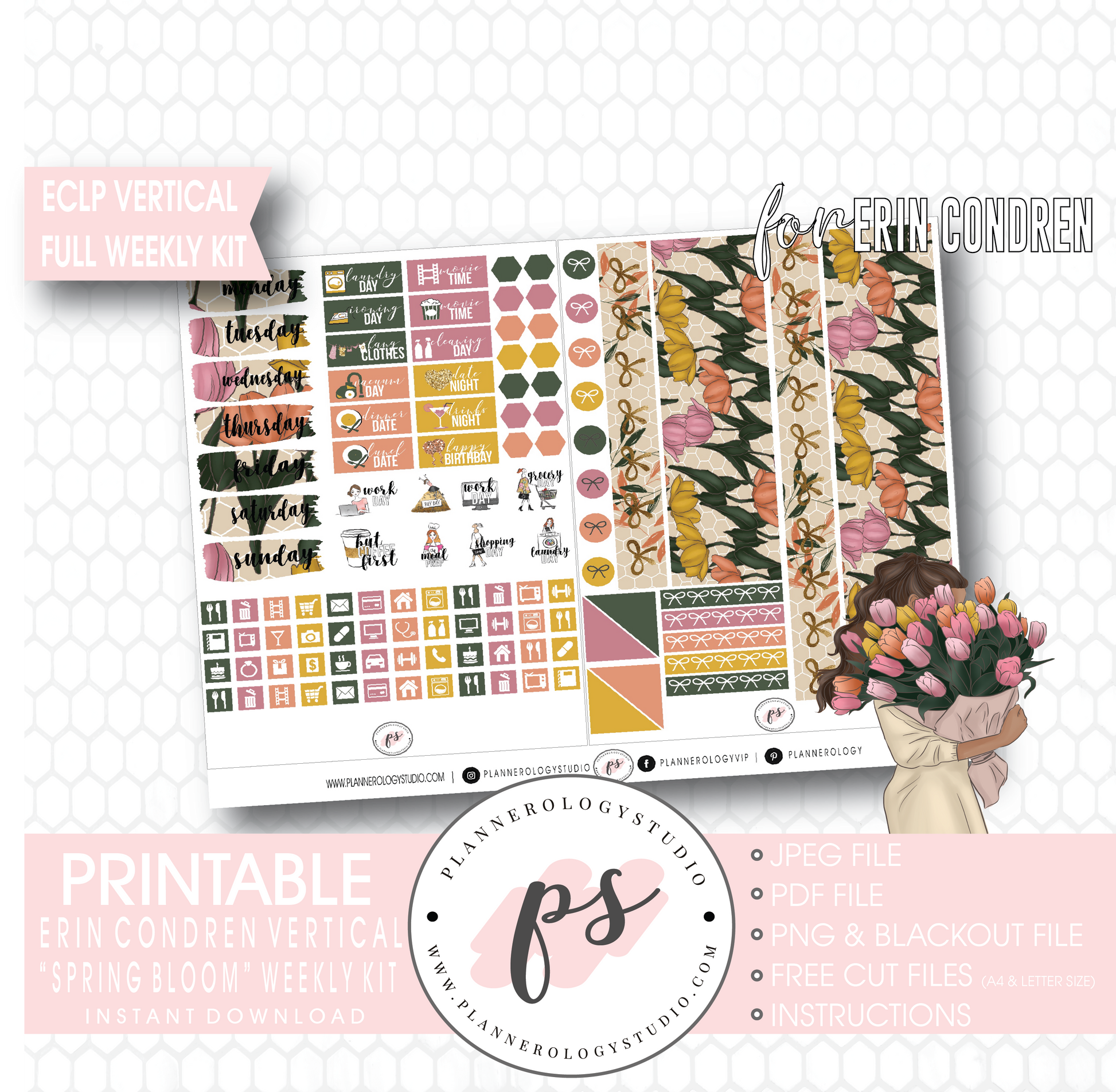 Spring Bloom Full Weekly Kit Printable Planner Digital Stickers (for use with Erin Condren Vertical) - Plannerologystudio