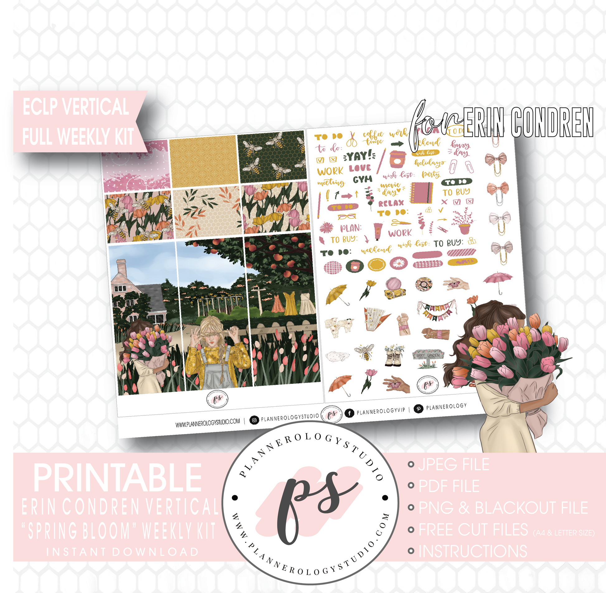 Spring Bloom Full Weekly Kit Printable Planner Digital Stickers (for use with Erin Condren Vertical) - Plannerologystudio