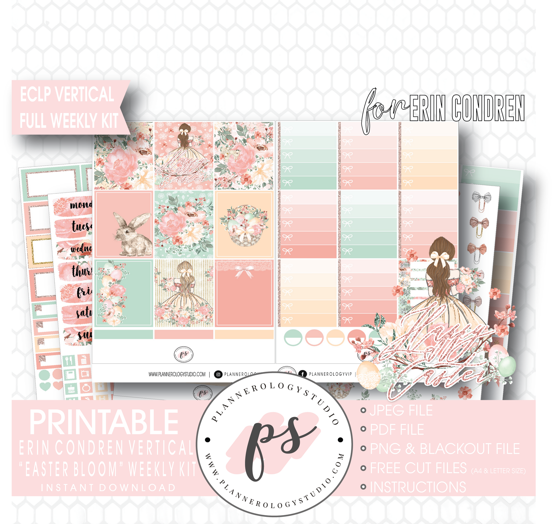 Easter Bloom Full Weekly Kit Printable Planner Digital Stickers (for use with Erin Condren Vertical) - Plannerologystudio