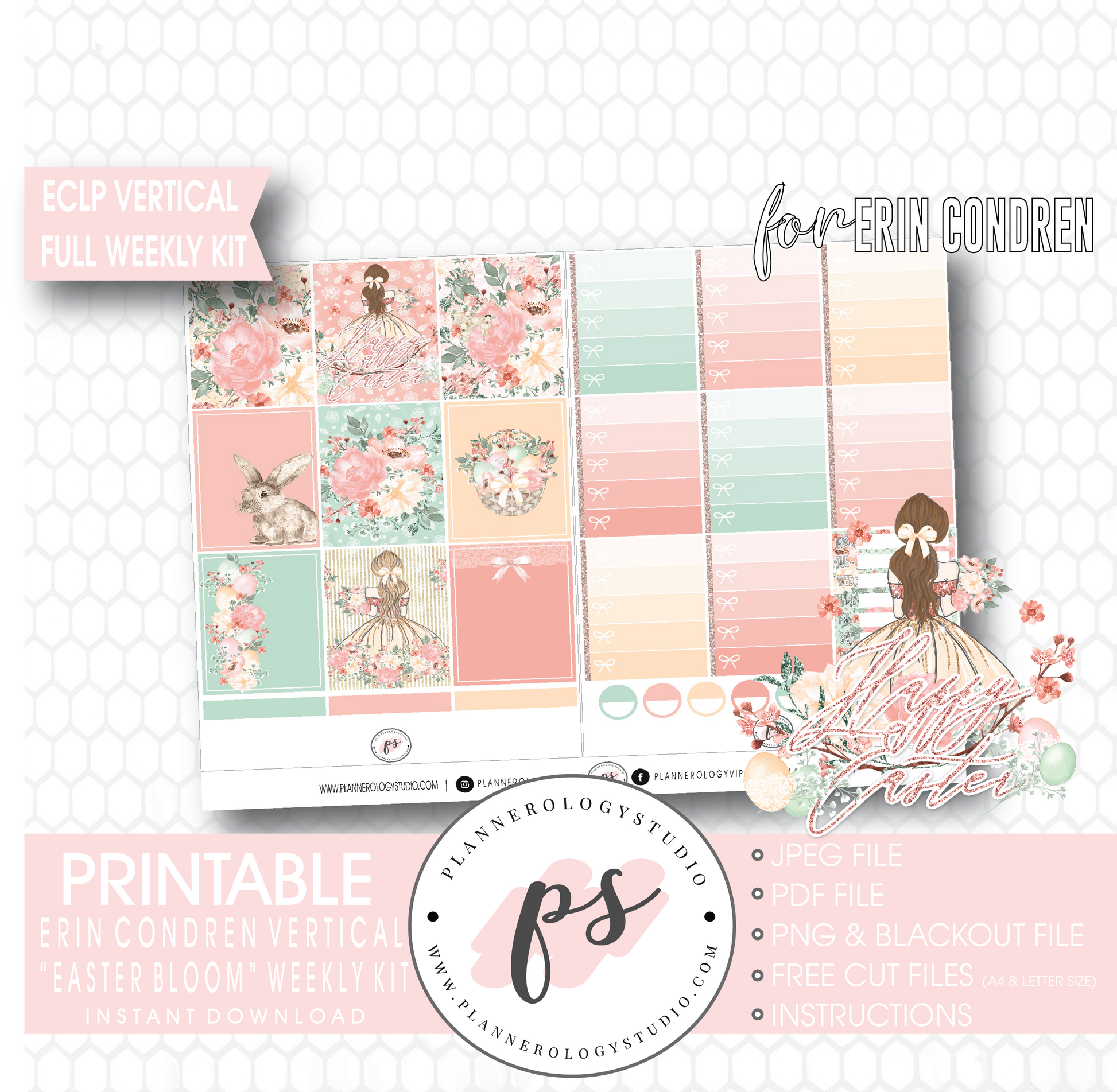 Easter Bloom Full Weekly Kit Printable Planner Digital Stickers (for use with Erin Condren Vertical) - Plannerologystudio