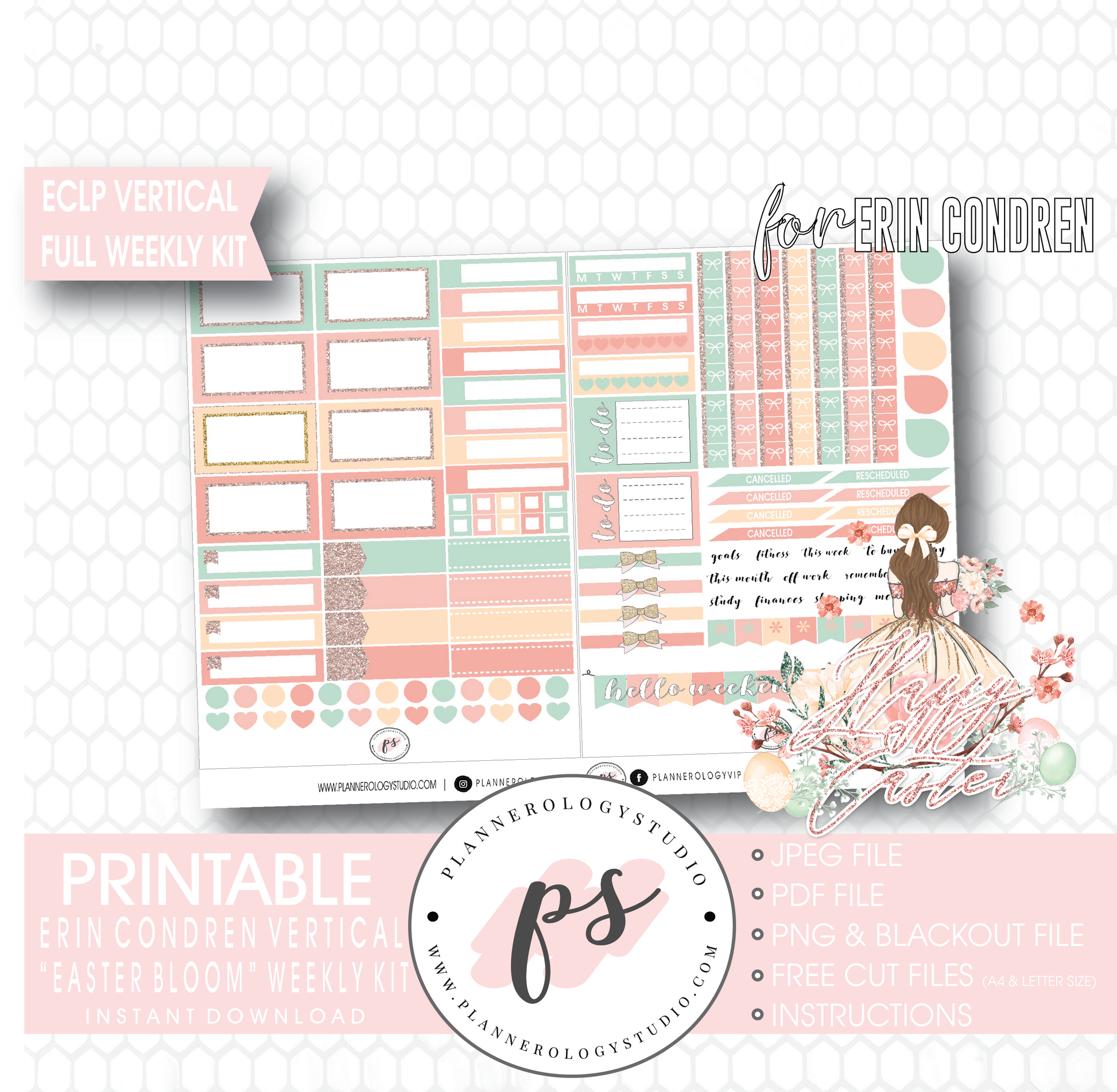 Easter Bloom Full Weekly Kit Printable Planner Digital Stickers (for use with Erin Condren Vertical) - Plannerologystudio